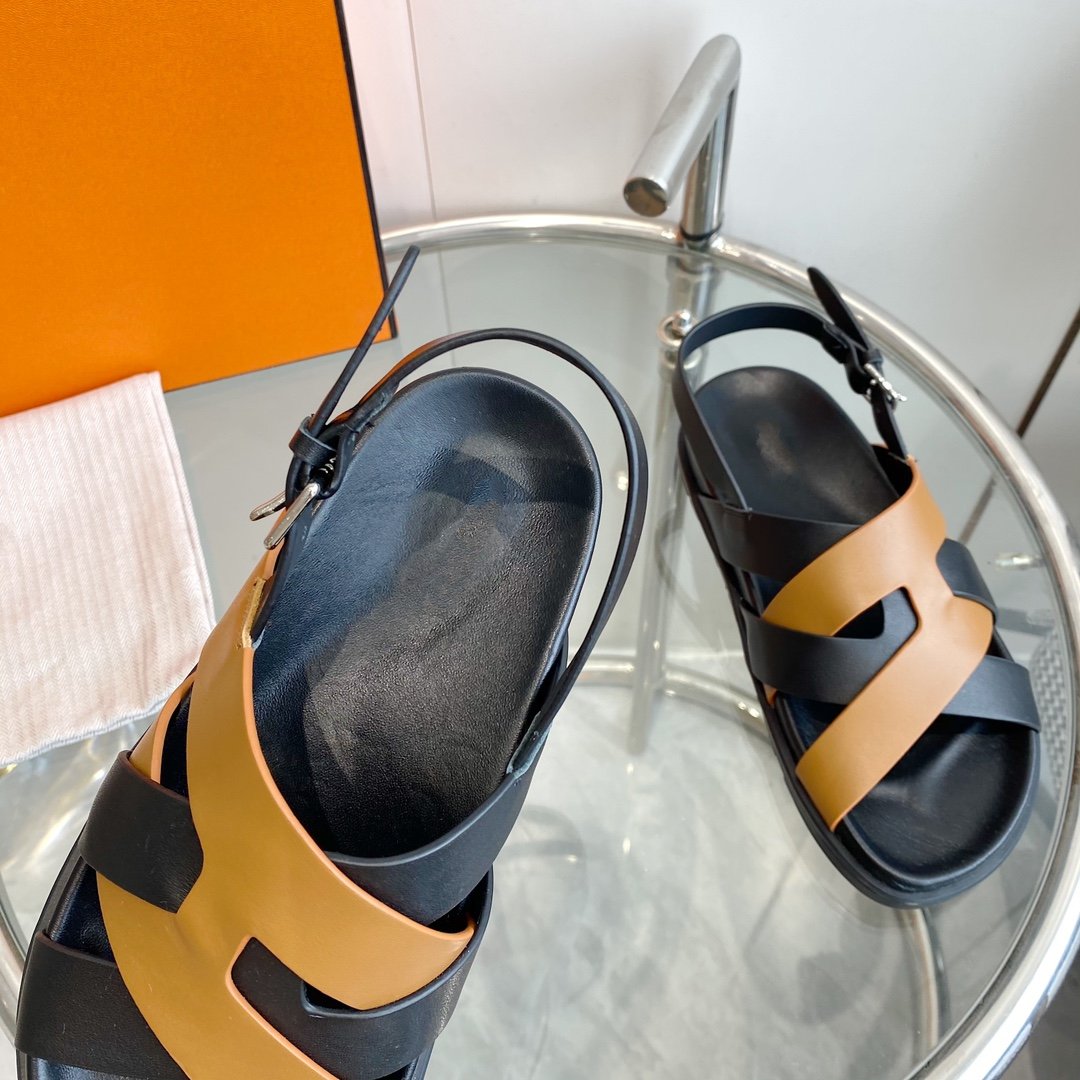 HERMES Genius Sandal Slingback Black/Brown Calfskin Leather