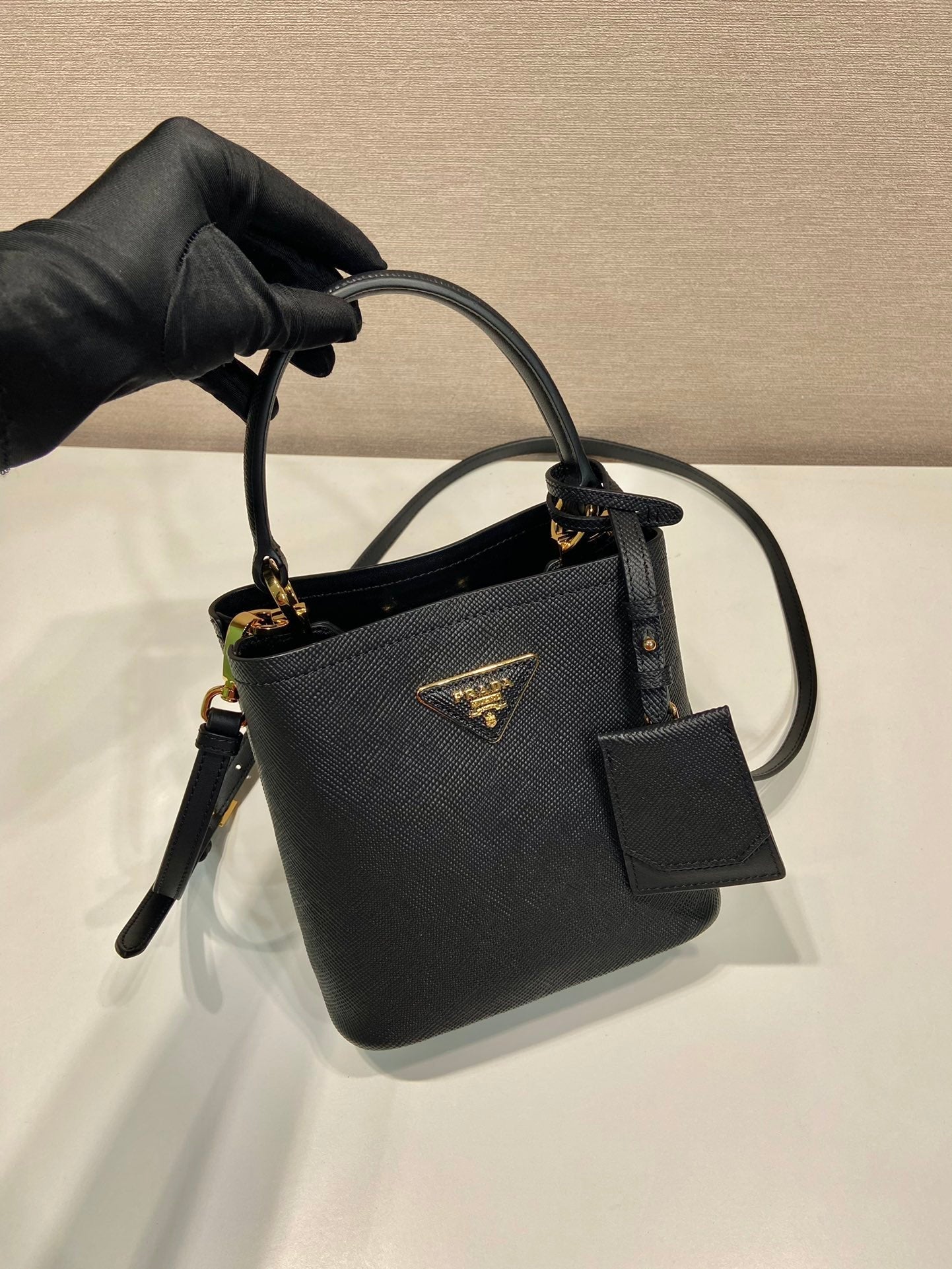 PRADA MINI BUCKET BAG 18 IN BLACK SAFFIANO LEATHER