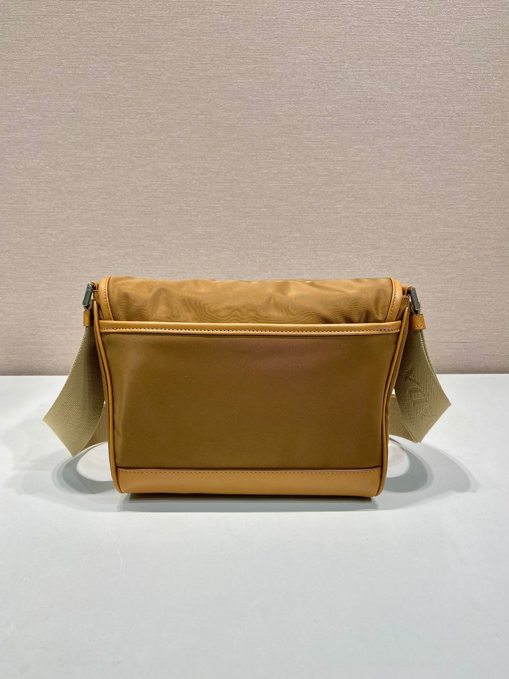 PRADA SMALL FLAP BAG 20 IN CIDER BROWN RE-NYLON AND CALFSKIN TRIM