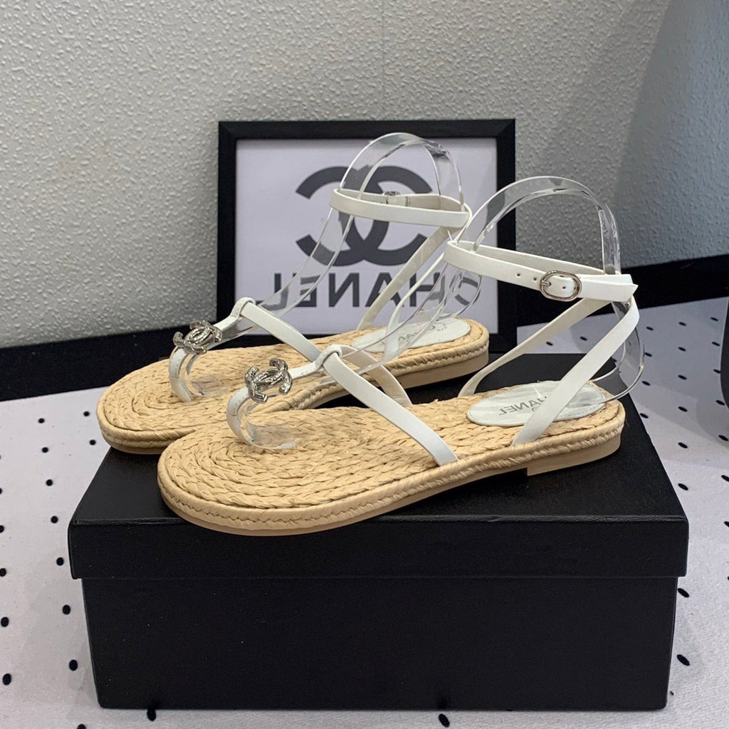 CHANEL Double  Vintage straw sandals replica designer shoe White Beige sheepskin