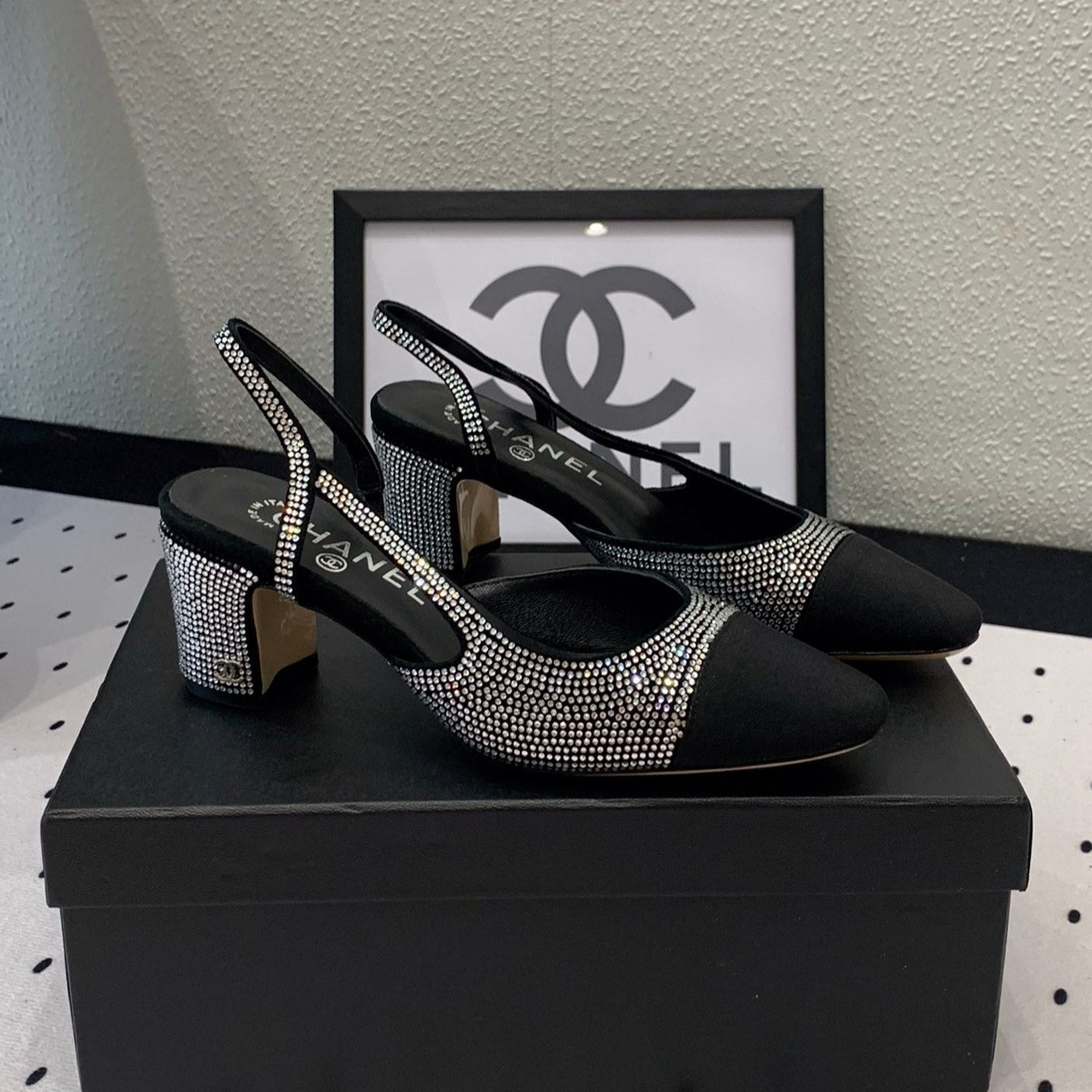 CHANEL Double  Rhinestone Slingback Sheepskin Silver Black
