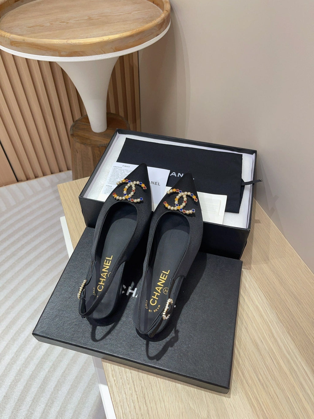 CHANEL SLINGBACKS BLACK SATIN AND LAMBSKIN