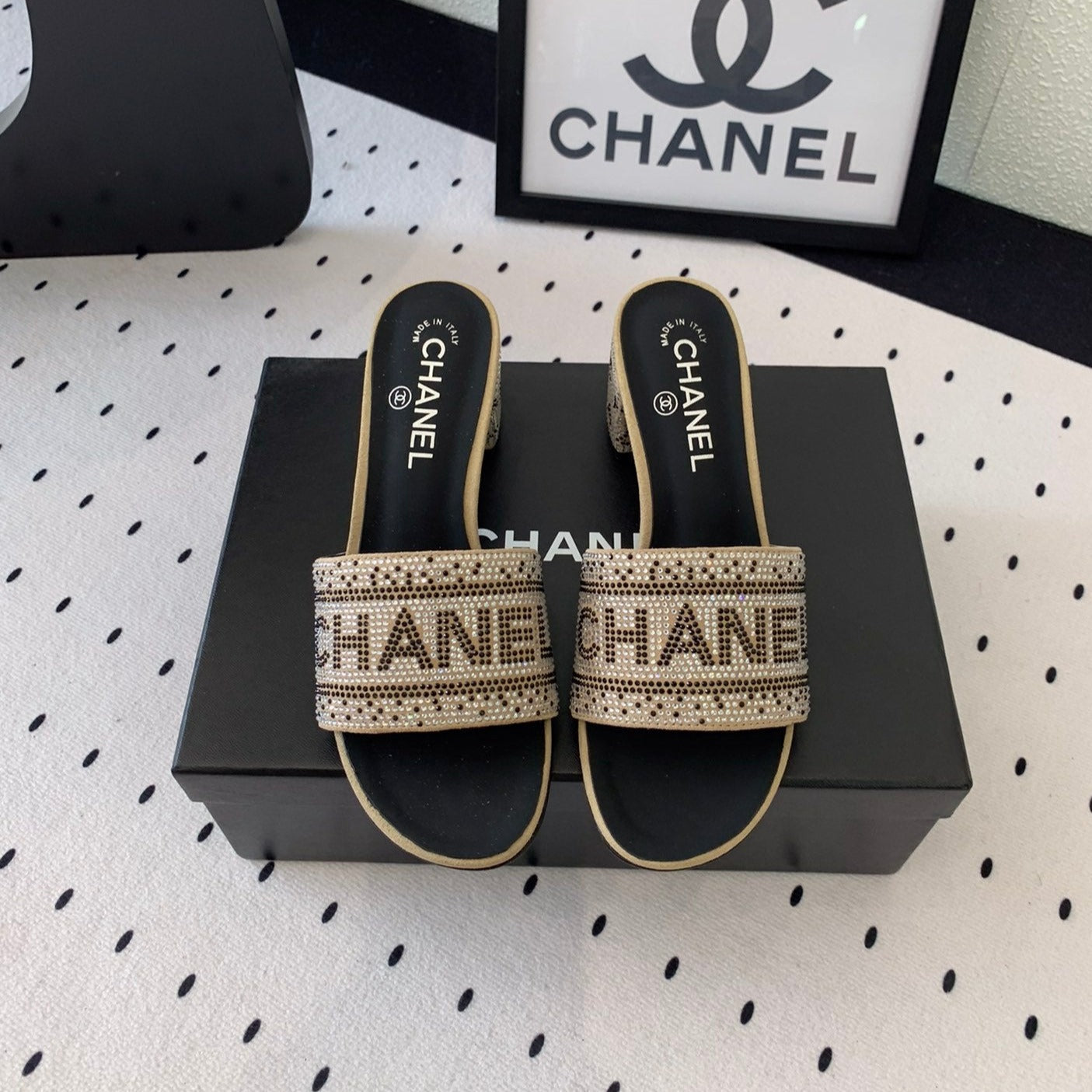 CHANEL RHINESTONE LETTER HIGH HEELS CARAMEL BROWN AND BLACK LAMBSKIN