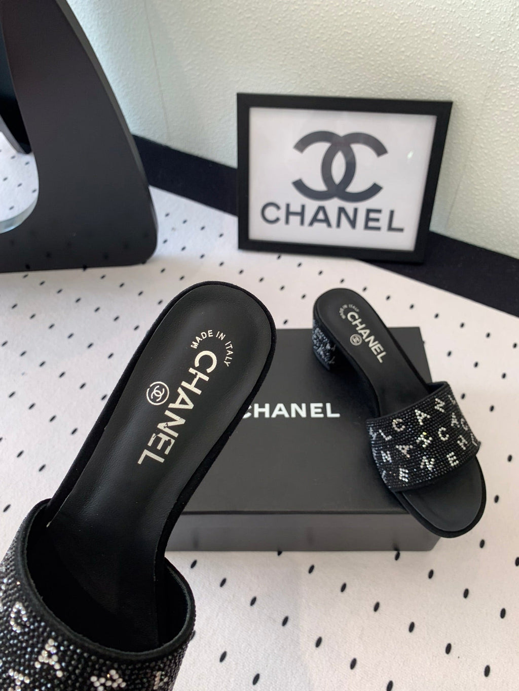 CHANEL RHINESTONE LETTER HIGH HEELS BLACK LAMBSKIN