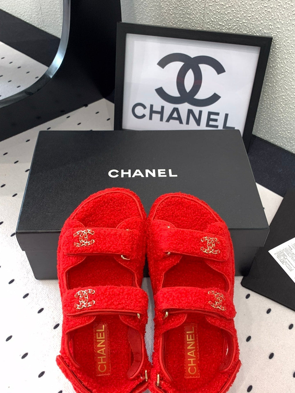 CHANEL DAD SANDAL CRIMSON RED LAMB FUR
