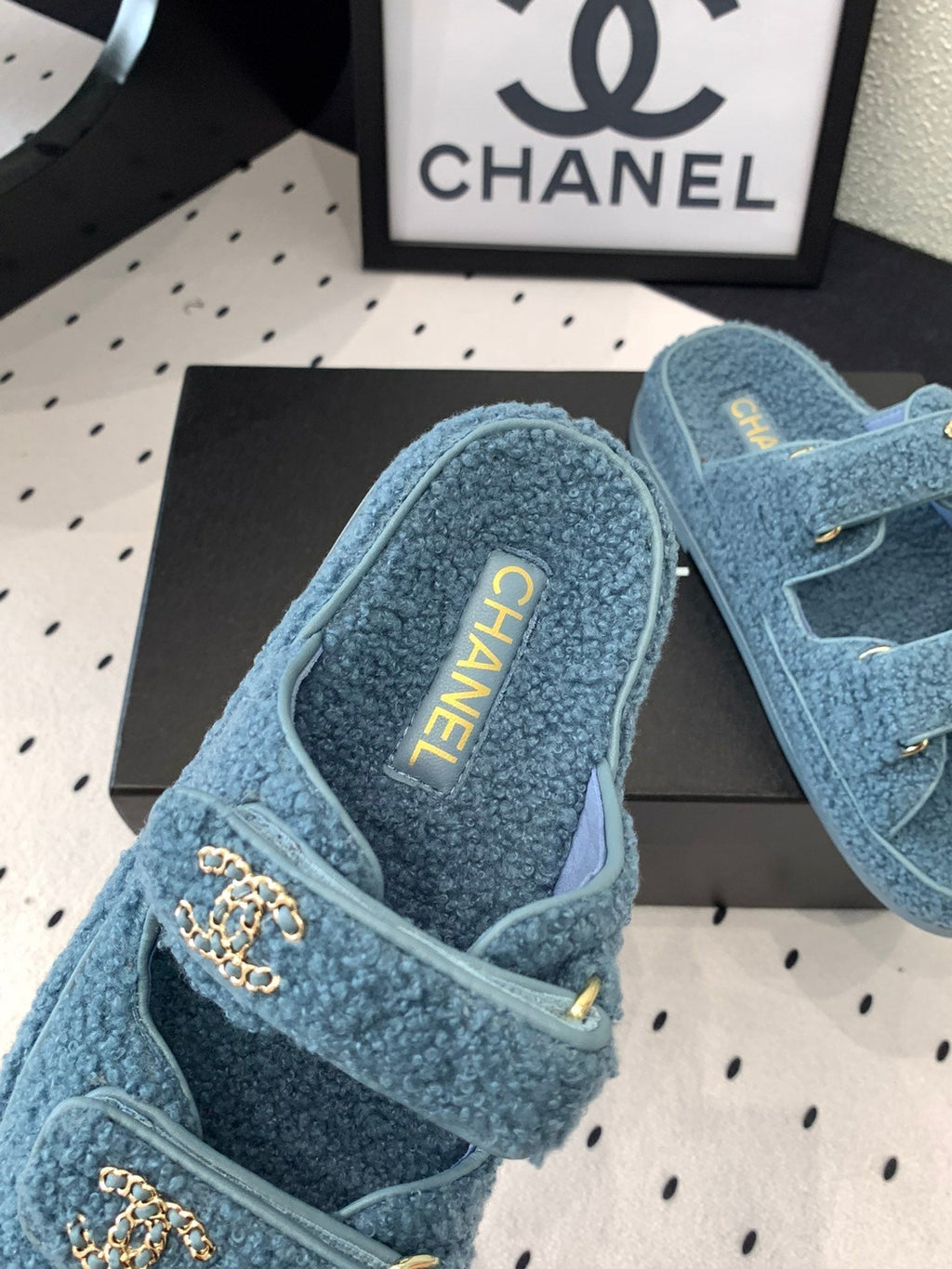 CHANEL DAD SANDAL MULE IN AEGEAN BLUE LAMB FUR