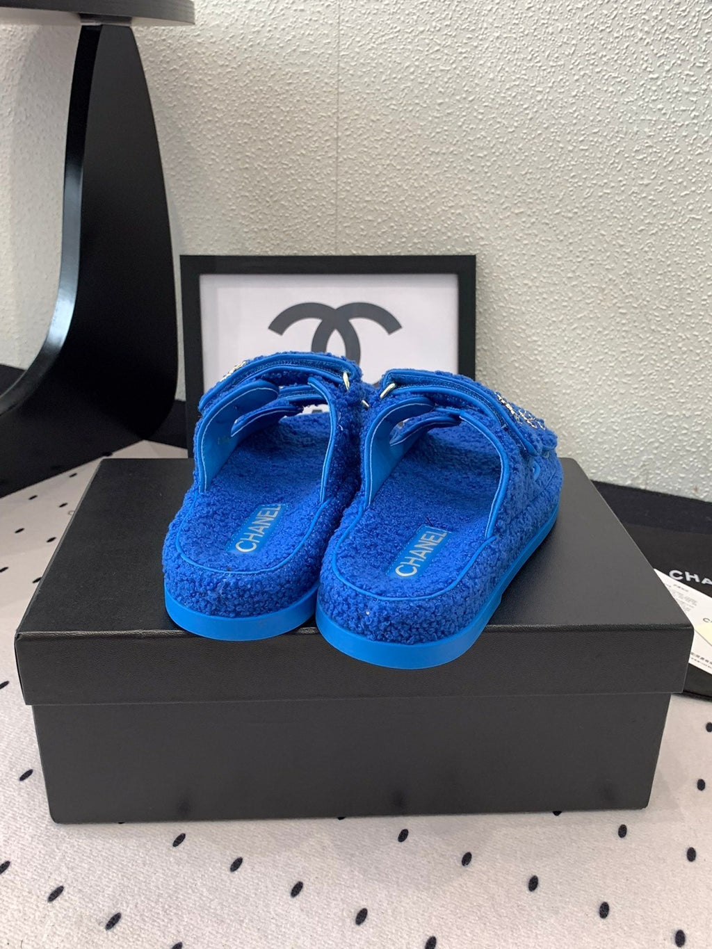 CHANEL DAD SANDAL MULE IN AZURE BLUE LAMB FUR