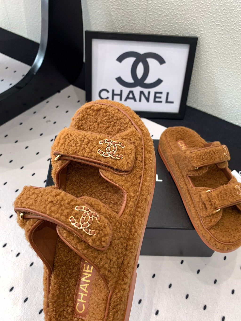 CHANEL DAD SANDAL MULE IN BRONZE BROWN LAMB FUR