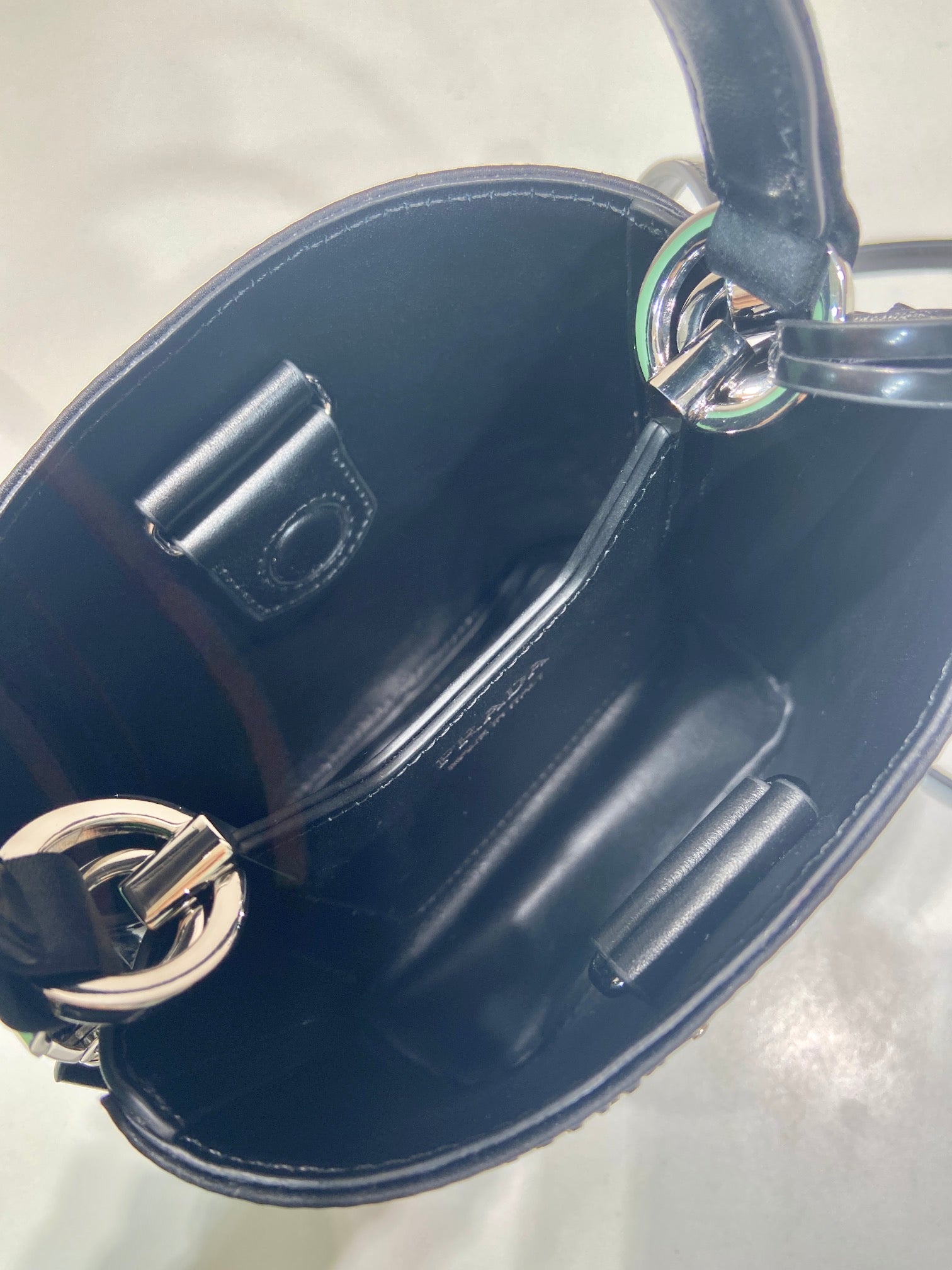 PRADA PANIER BUCKET BAG 16 IN BLACK CALFSKIN ATTACHED FULL CRYSTALS