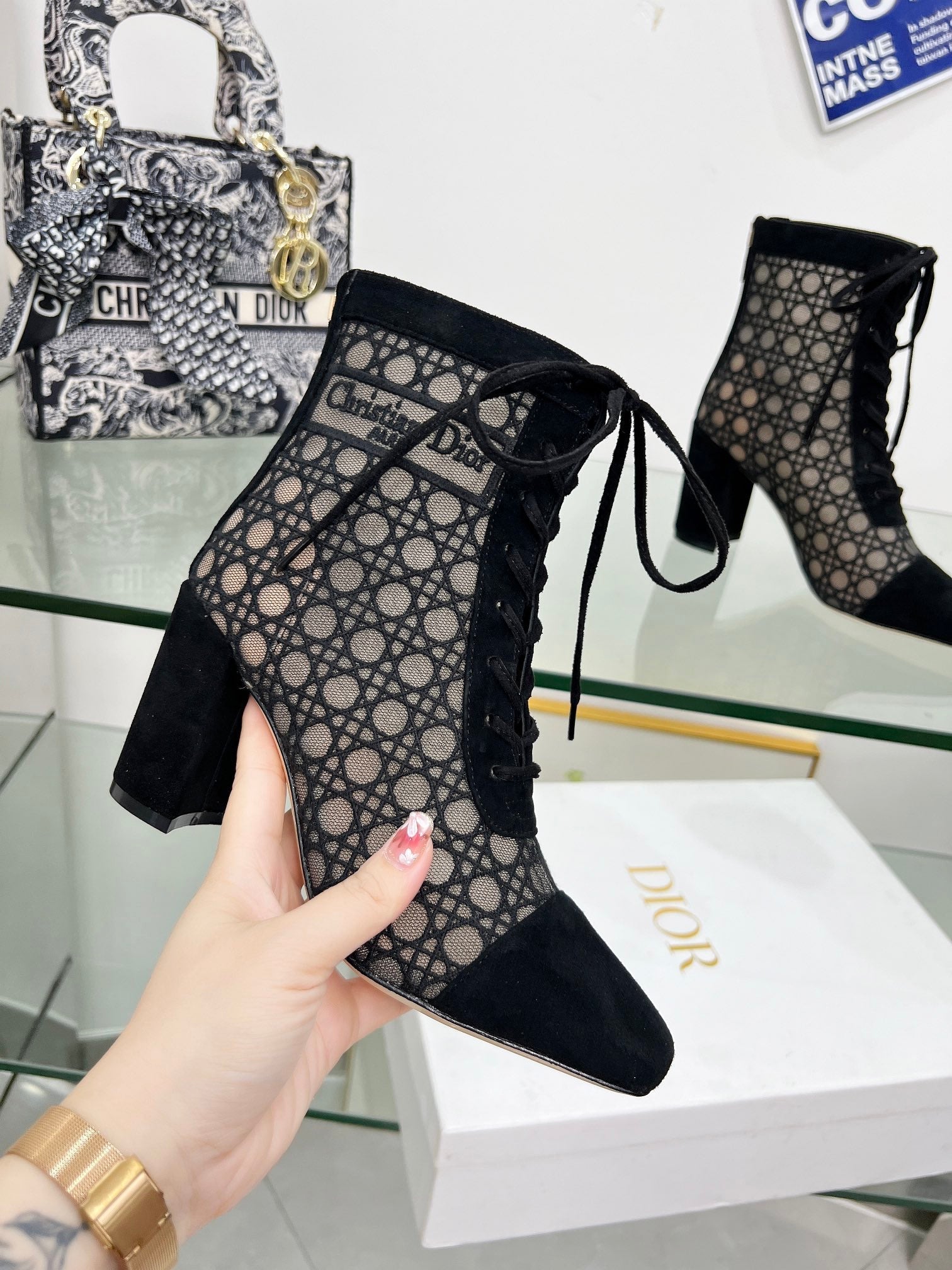 DIOR NAUGHTILY-D HEELED ANKLE BOOT IN BLACK CANNAGE MOTIF MESH AND SUEDE 8 CM