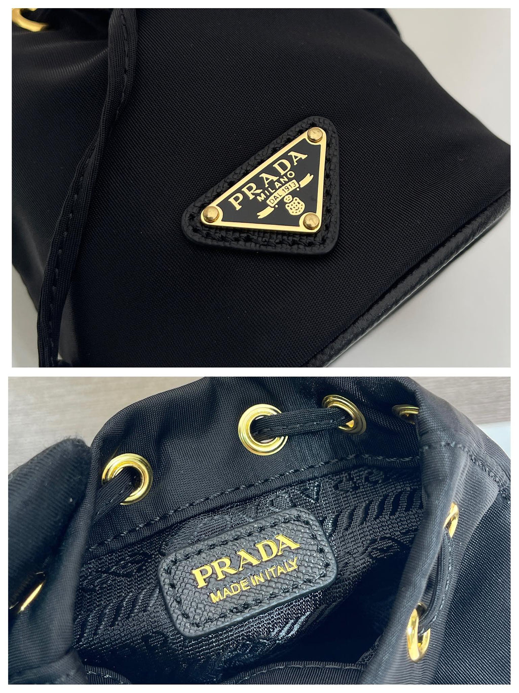 PRADA MINI BUCKET BAG 10 IN BLACK RE-NYLON AND SAFFIANO LEATHER STRAP