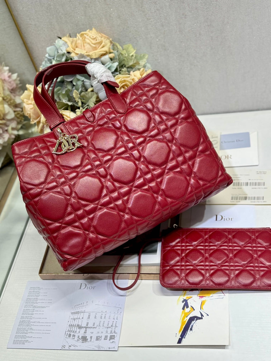 DIOR MEDIUM 37 TOUJOURS BAG IN RUBY RED MACROCANNAGE LAMBSKIN