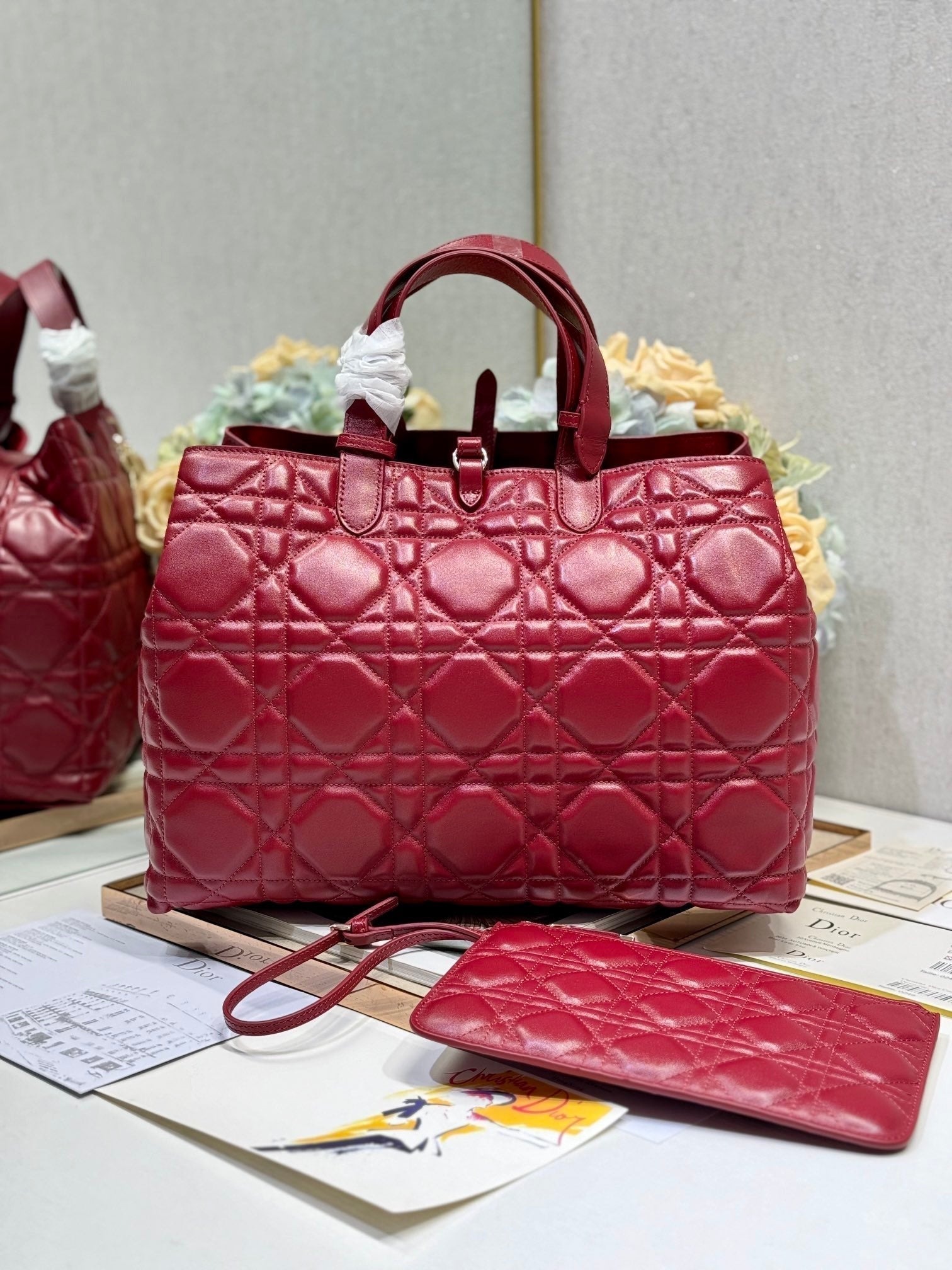 DIOR MEDIUM 37 TOUJOURS BAG IN RUBY RED MACROCANNAGE LAMBSKIN