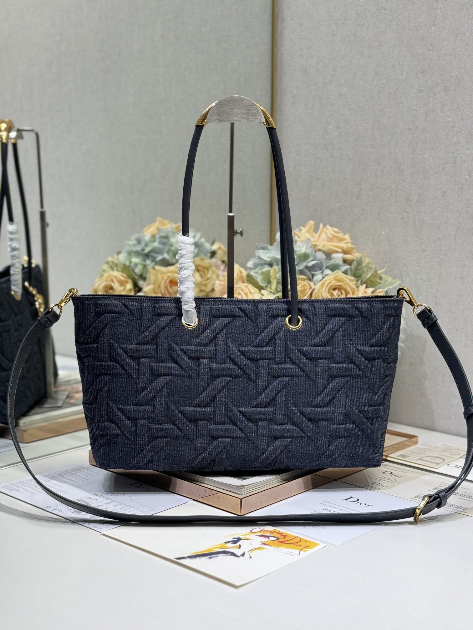 DIOR MEDIUM 37 TOUJOURS BAG IN BLACK CANNAGE DENIM