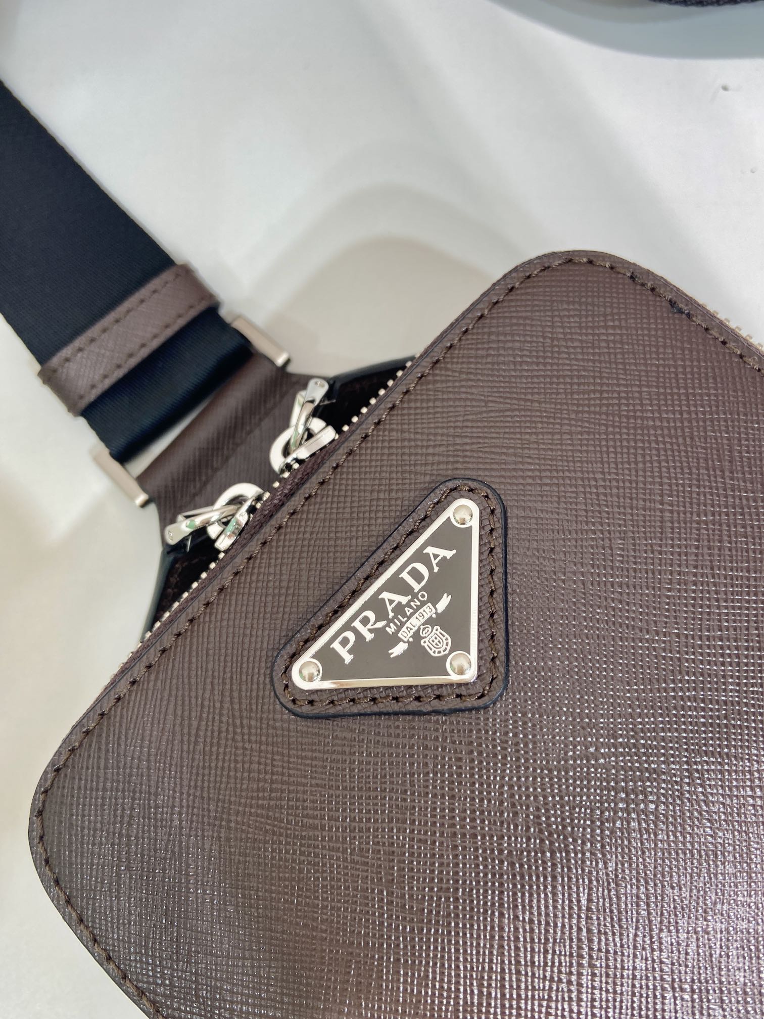 PRADA CHEST BAG 20 IN CHOCOLATE SAFFIANO LEATHER