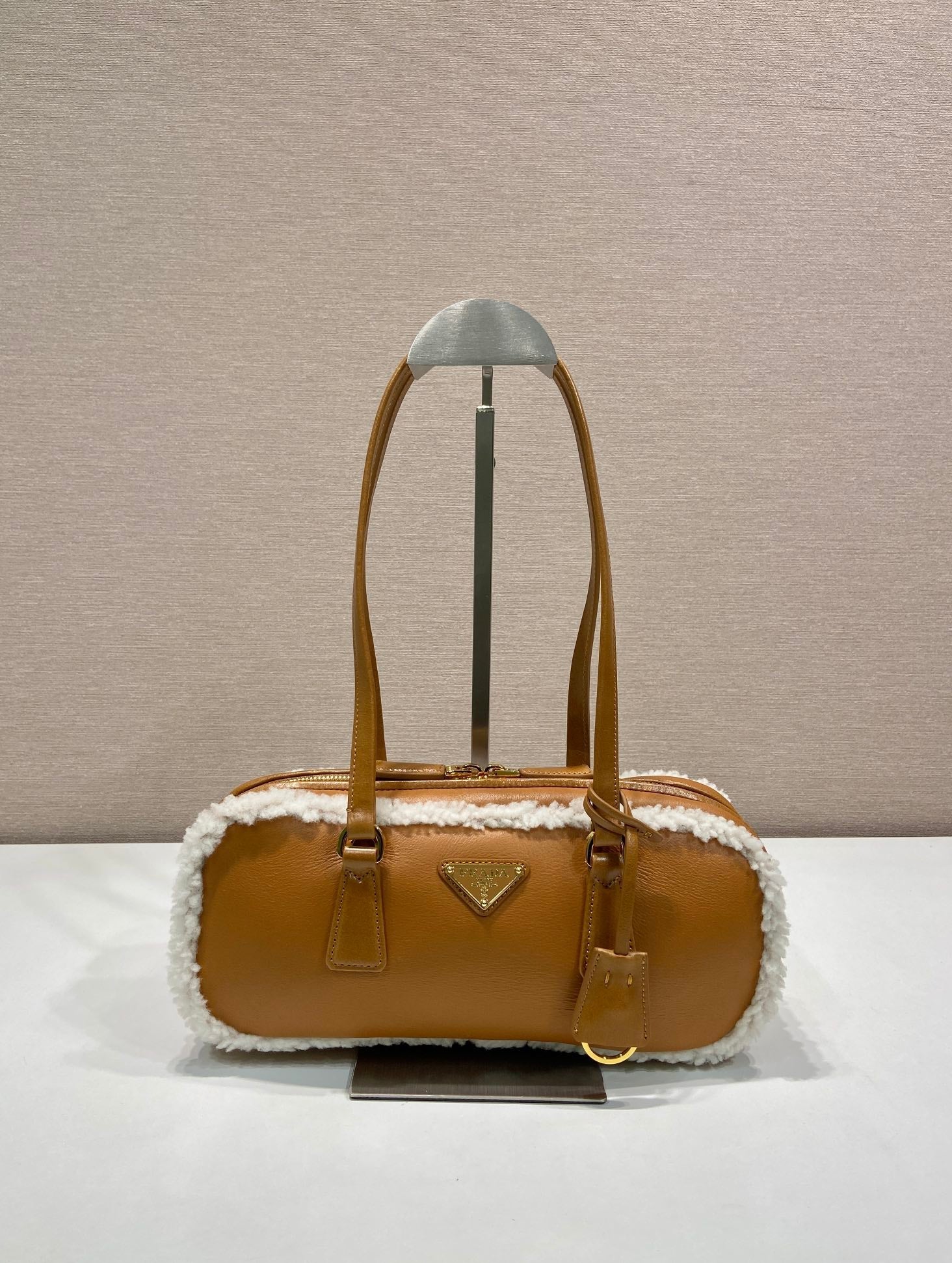 PRADA TOP HANDLE BAG 27 IN BRONZE BROWN SHEEPSKIN AND SHEARLING TRIM