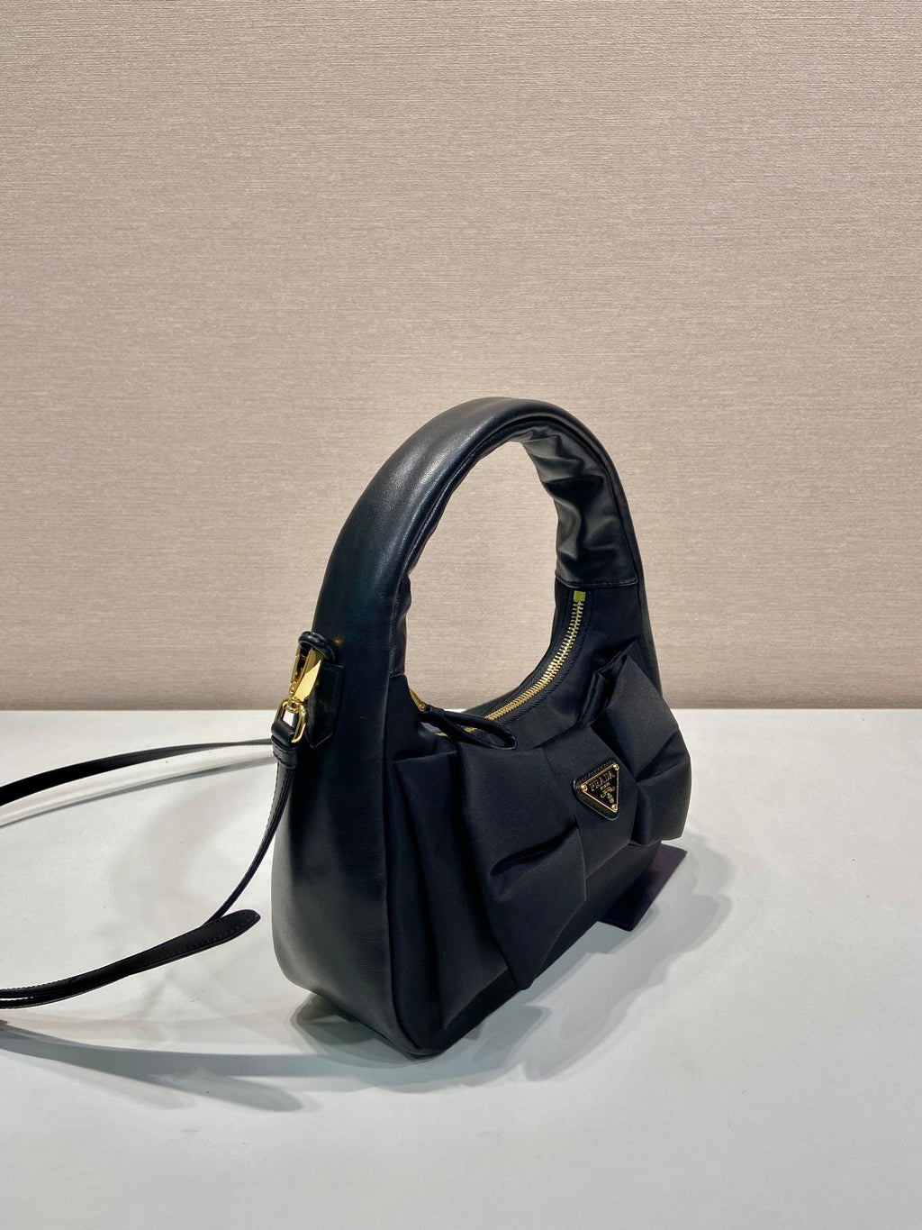 PRADA BOW HOBO BAG 22 IN BLACK RE-NYLON AND LAMBSKIN