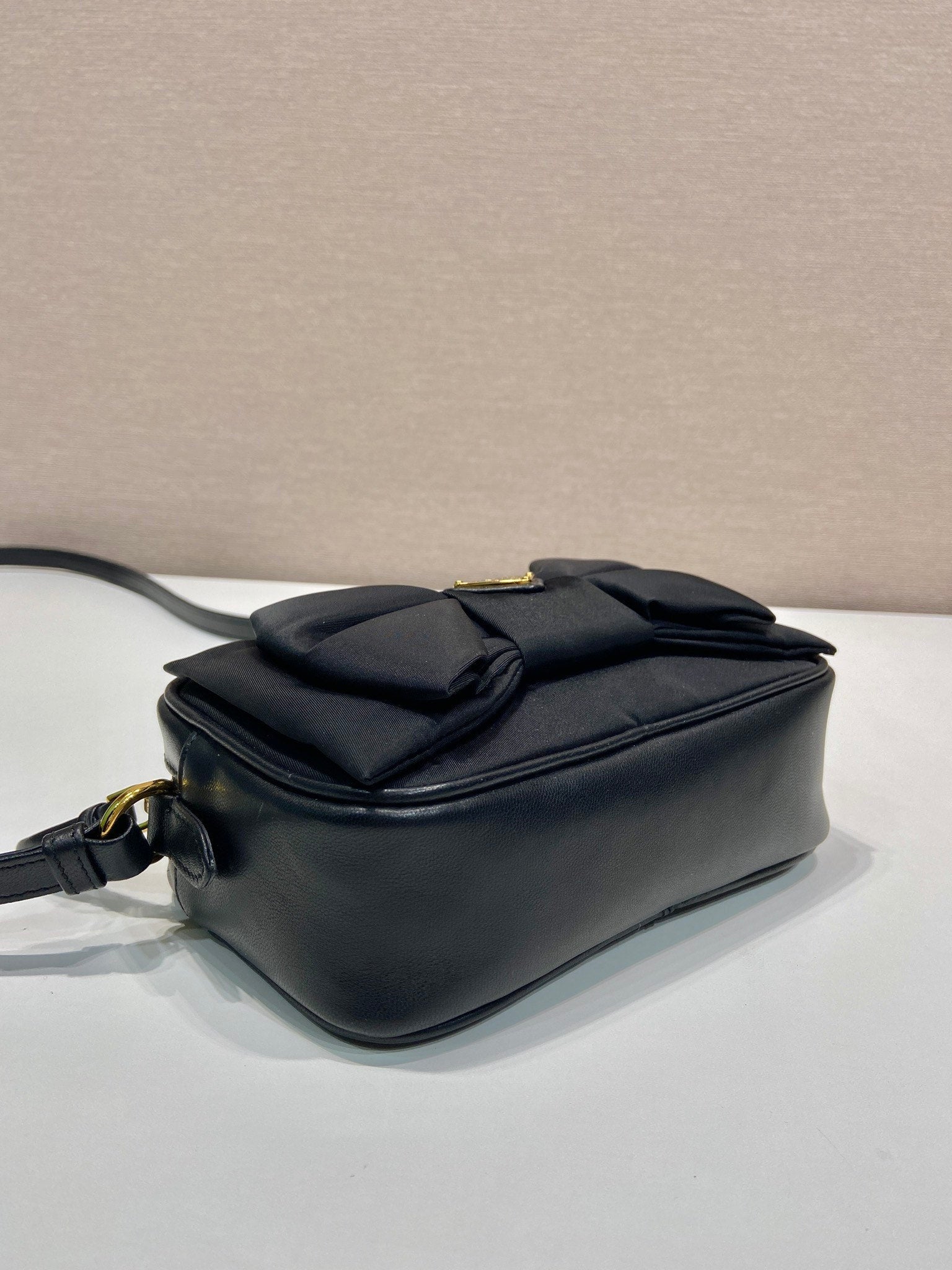 PRADA BOW BAG 18 IN BLACK RE-NYLON AND LAMBSKIN