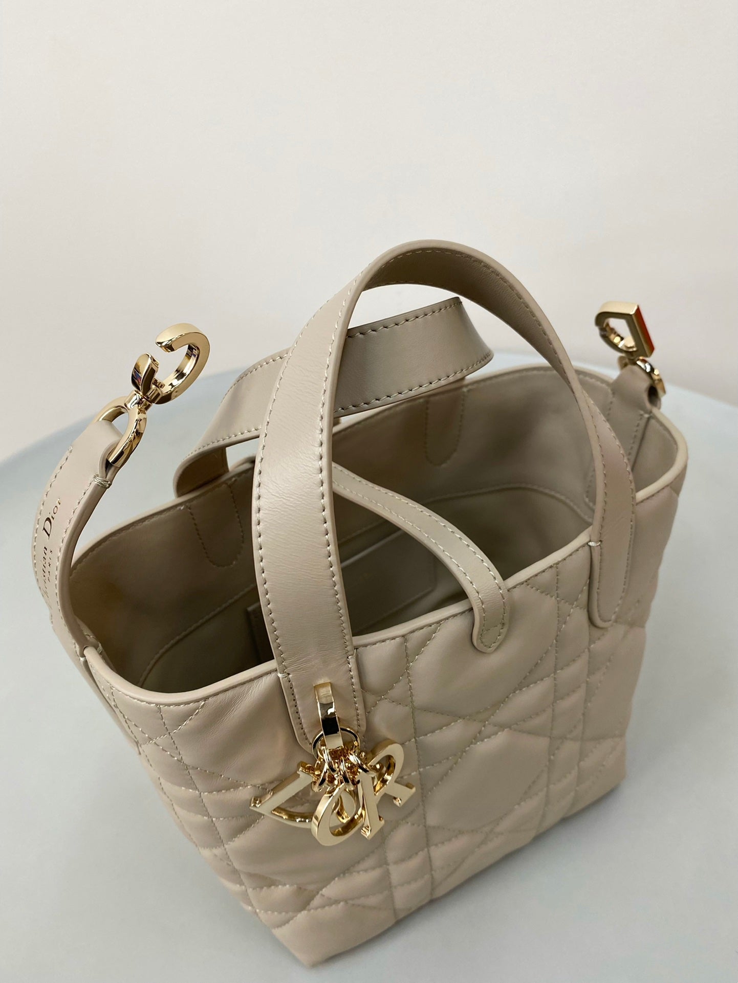 DIOR MINI TOUJOURS BUCKET BAG 18 IN BEIGE CANNAGE CALFSKIN
