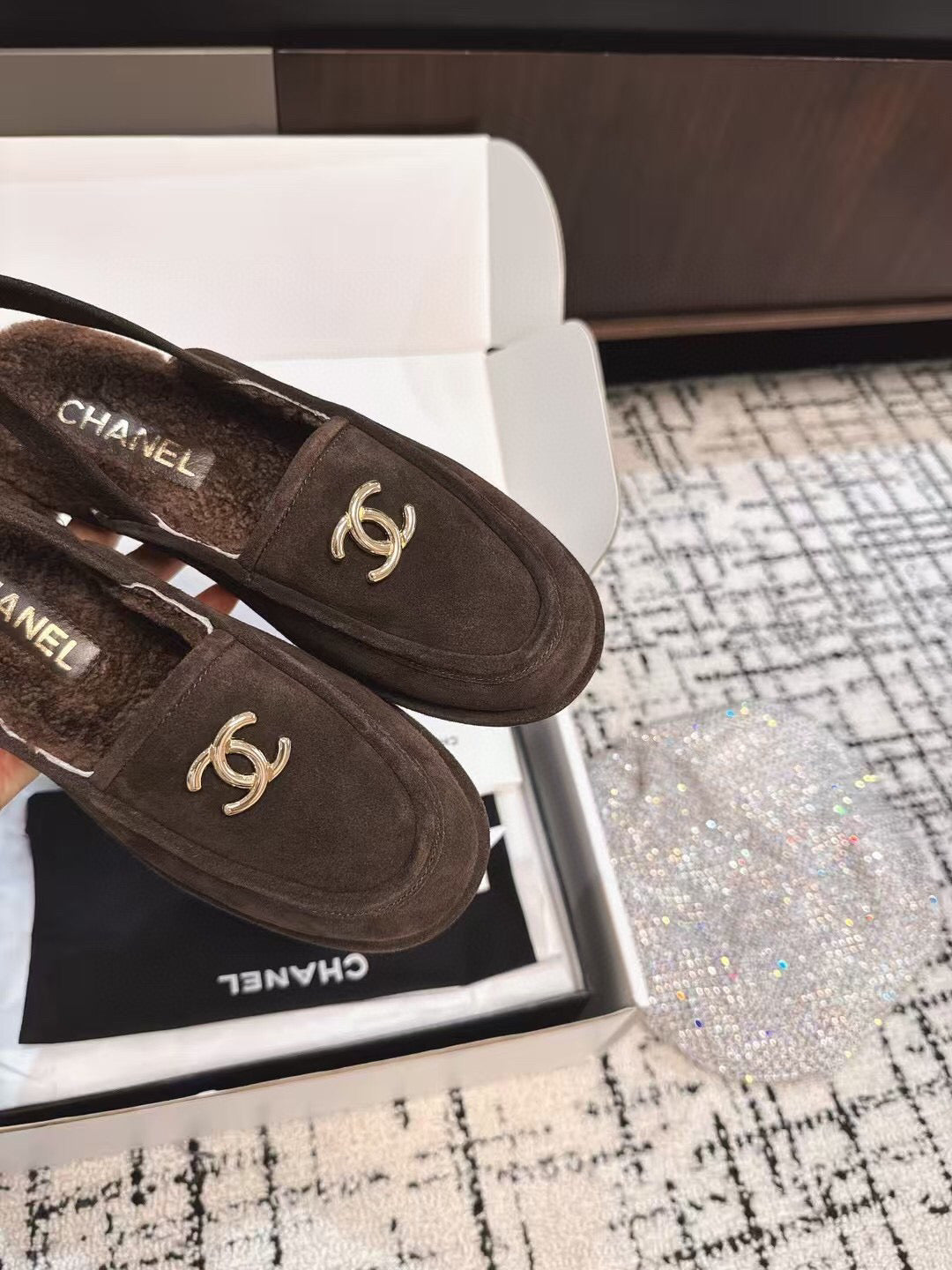 CHANEL SLINGBACK LOAFER IN BROWN SUEDE AND SHEARLING