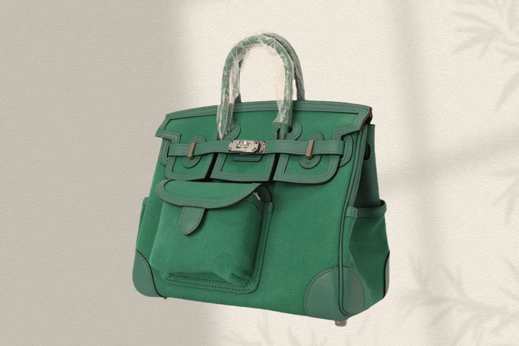 HERMES BIRKIN CARGO 25CM GREEN CANVAS AND LEATHER SILVER HARDWARE