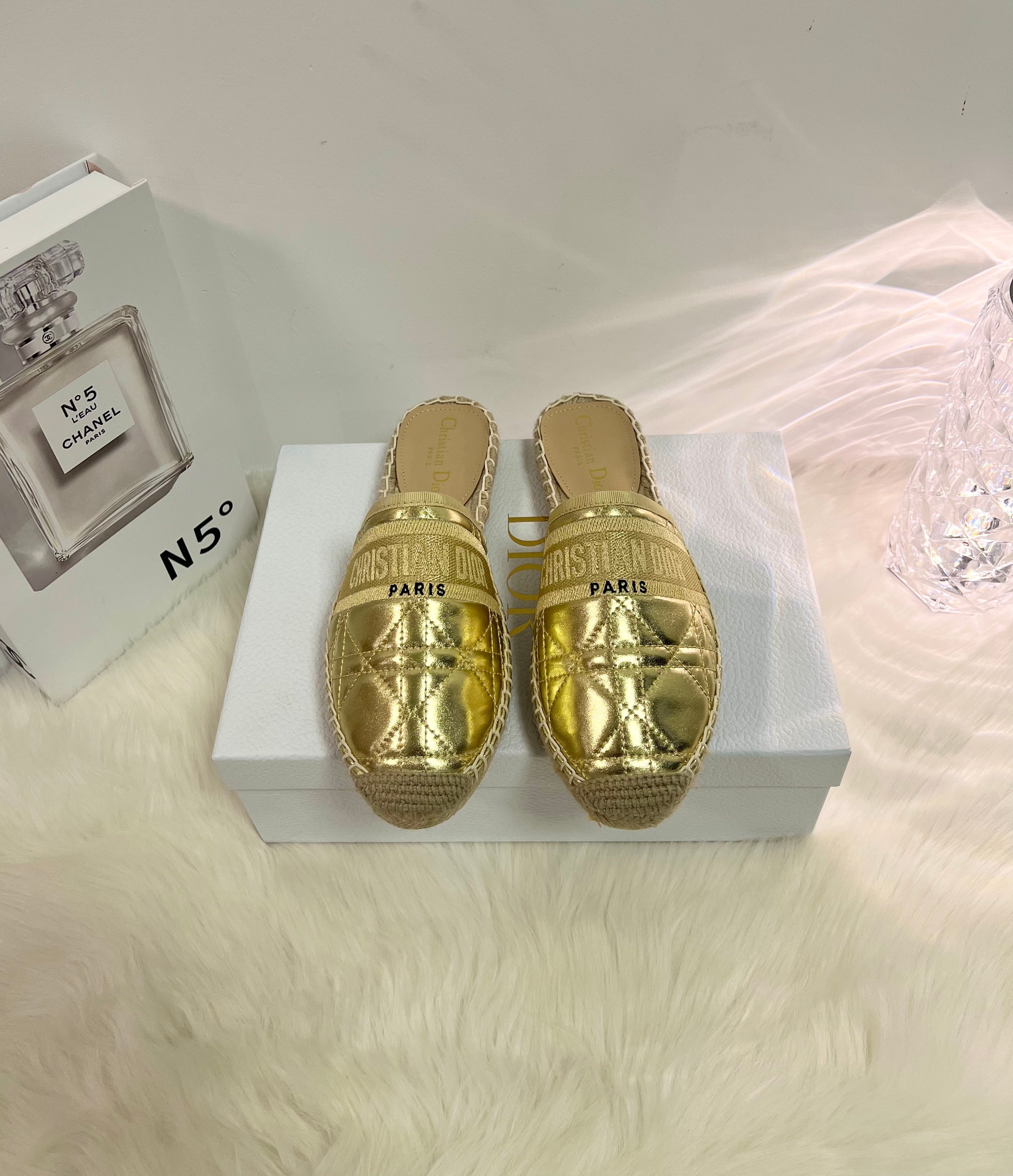 DIOR GRANVILLE ESPADRILLE MULE GOLD QUILTED CANNAGE CALFSKIN