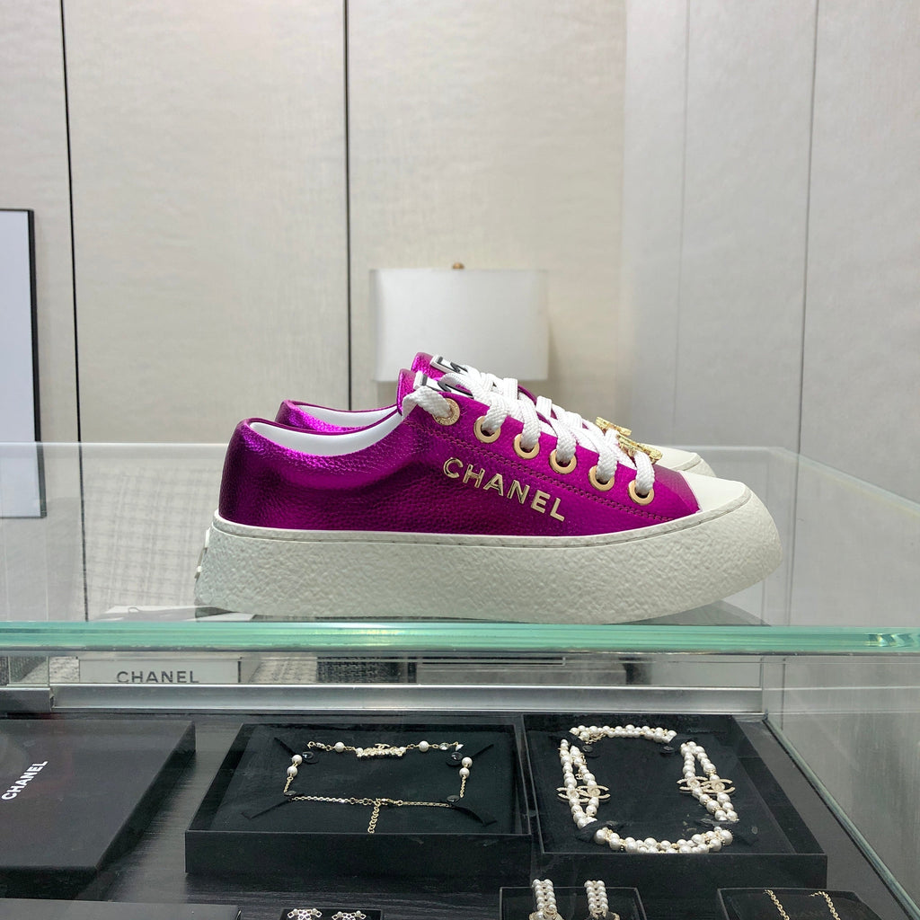 CHANEL CASUAL SNEAKER IN MAGENTA PURPLE METALLIC LAMBSKIN WITH GOLD LOGO