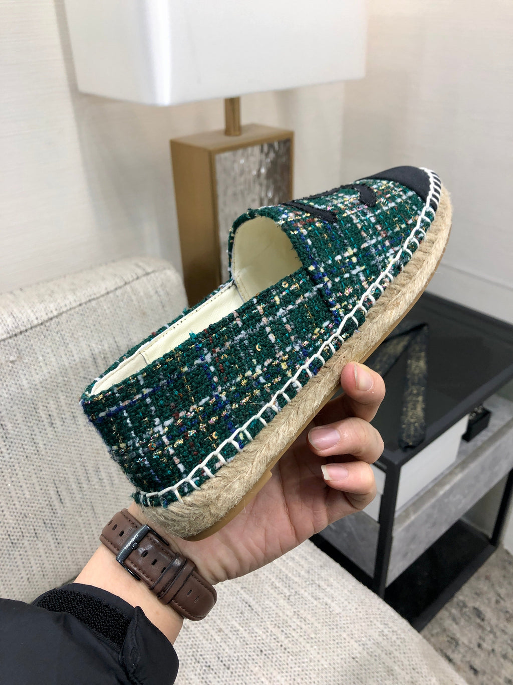 CHANEL ESPADRILLE FOREST GREEN TWEED FABRIC AND BLACK CALFSKIN FLATS