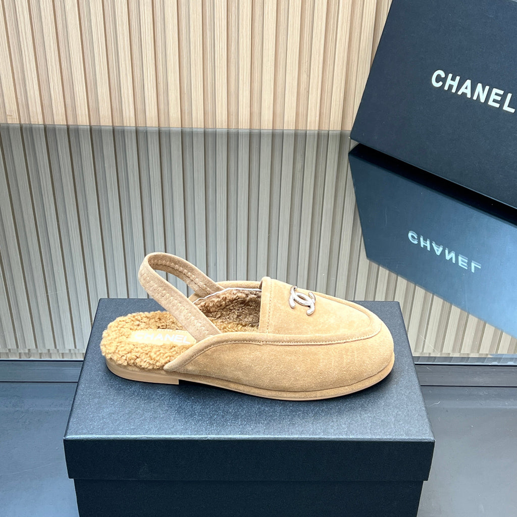 CHANEL 25S BACK STRAP MULE 15MM IN LIGHT BROWN SUEDE AND WOOL SILVER HARDWRE