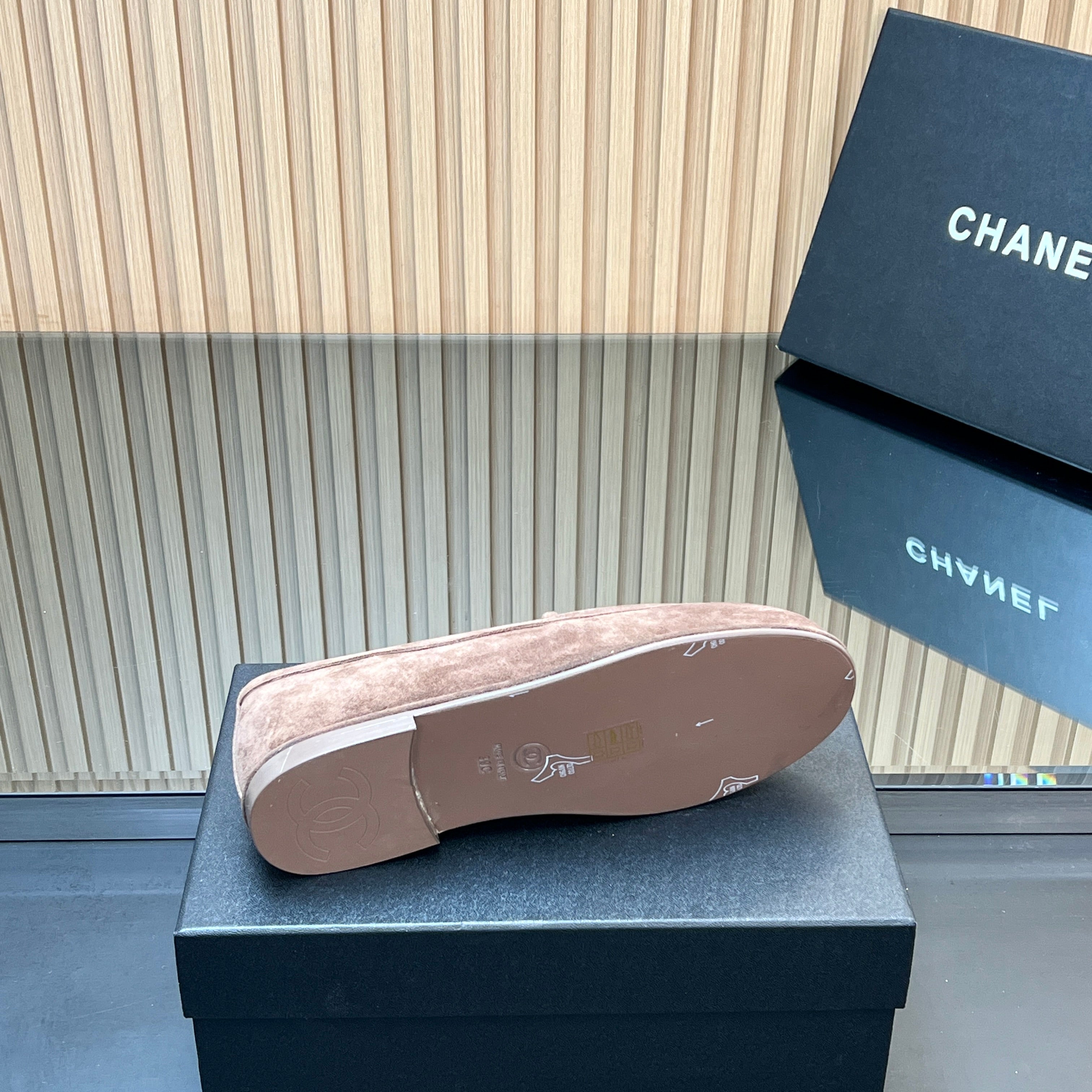 CHANEL 25S TEDDY LOAFER 15MM IN TAUPE GRAY SUEDE SILVER HARDWARE
