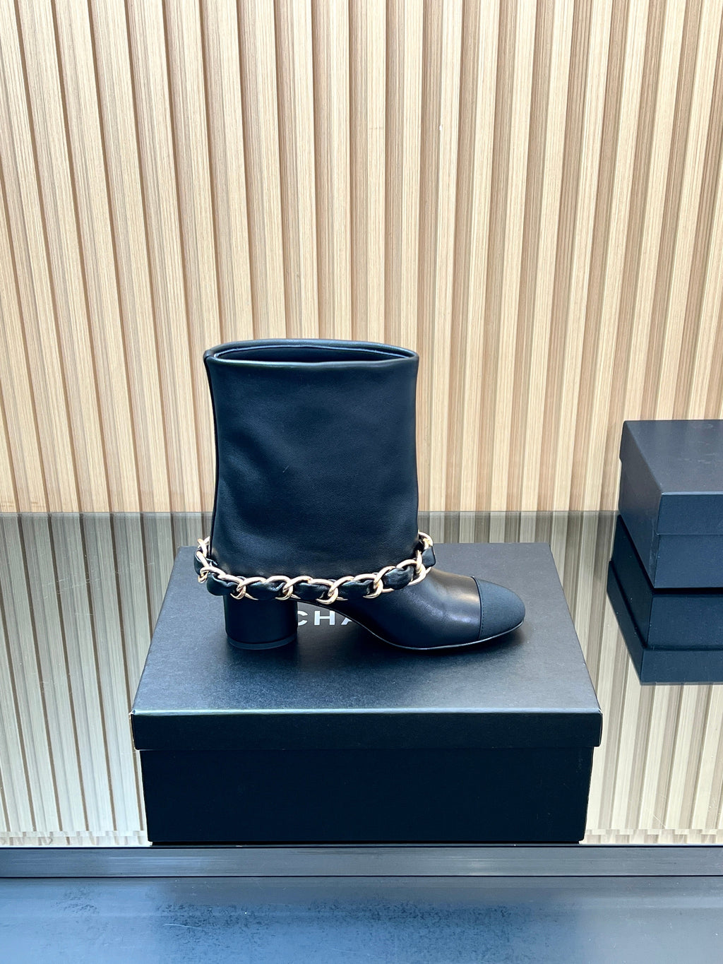 CHANEL 25S LOW BOOTS 65MM IN BLACK CALFSKIN GOLD HARDWARE