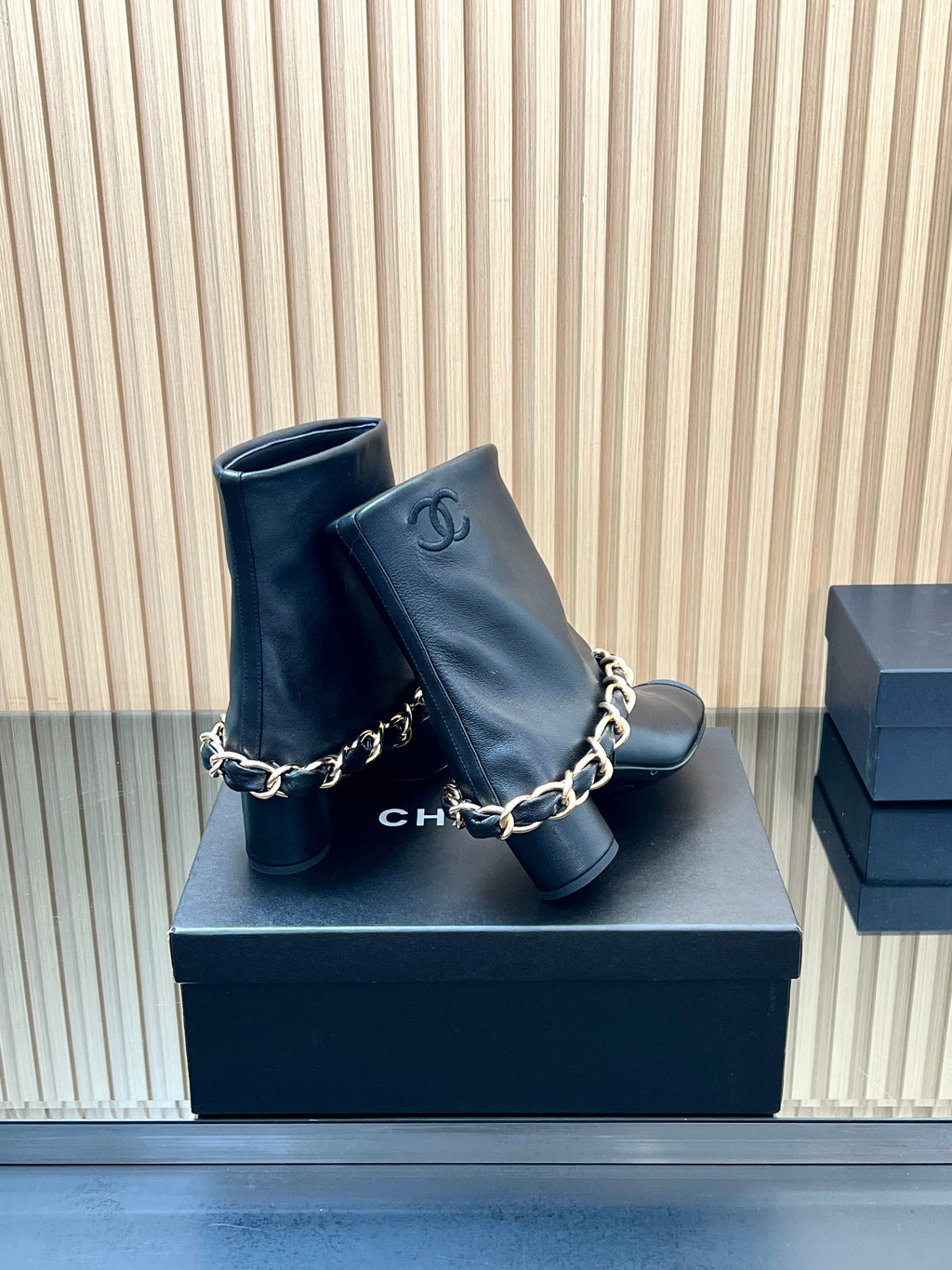CHANEL 25S LOW BOOTS 65MM IN BLACK CALFSKIN GOLD HARDWARE