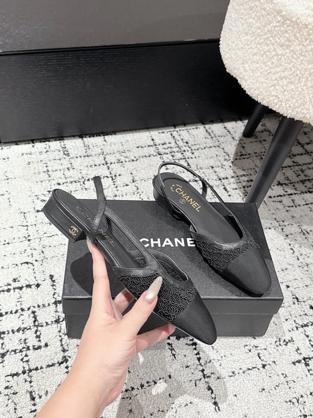 CHANEL SLINGBACK 25S IN BLACK FABRIC