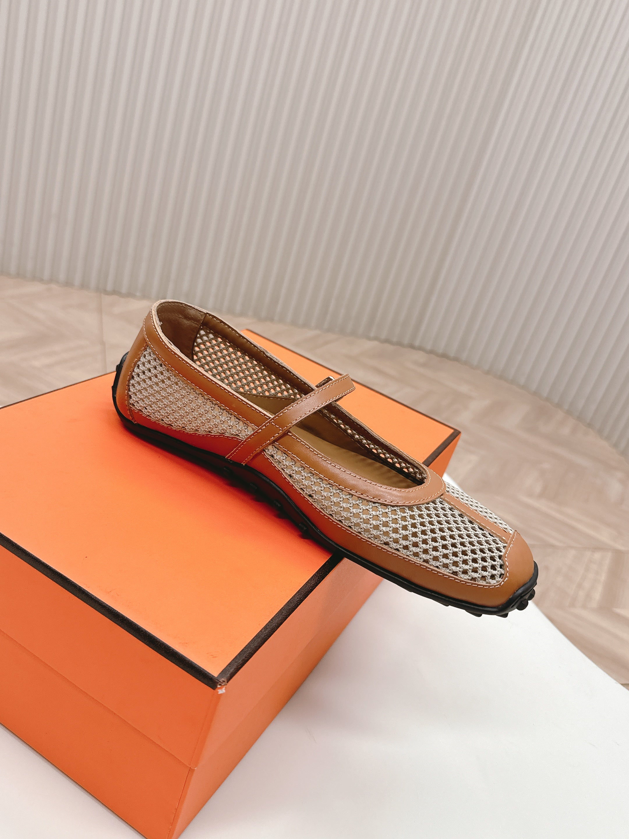 HERMES KICHU BALLET FLAT IN BRONZE BROWN CROCHET KNIT AND CALFSKIN