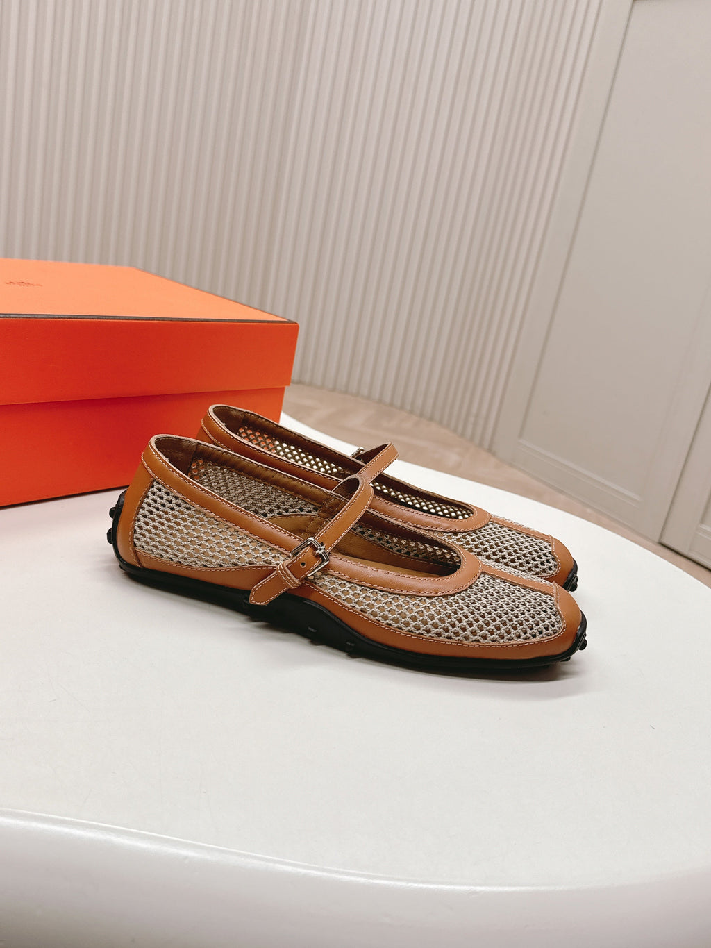 HERMES KICHU BALLET FLAT IN BRONZE BROWN CROCHET KNIT AND CALFSKIN