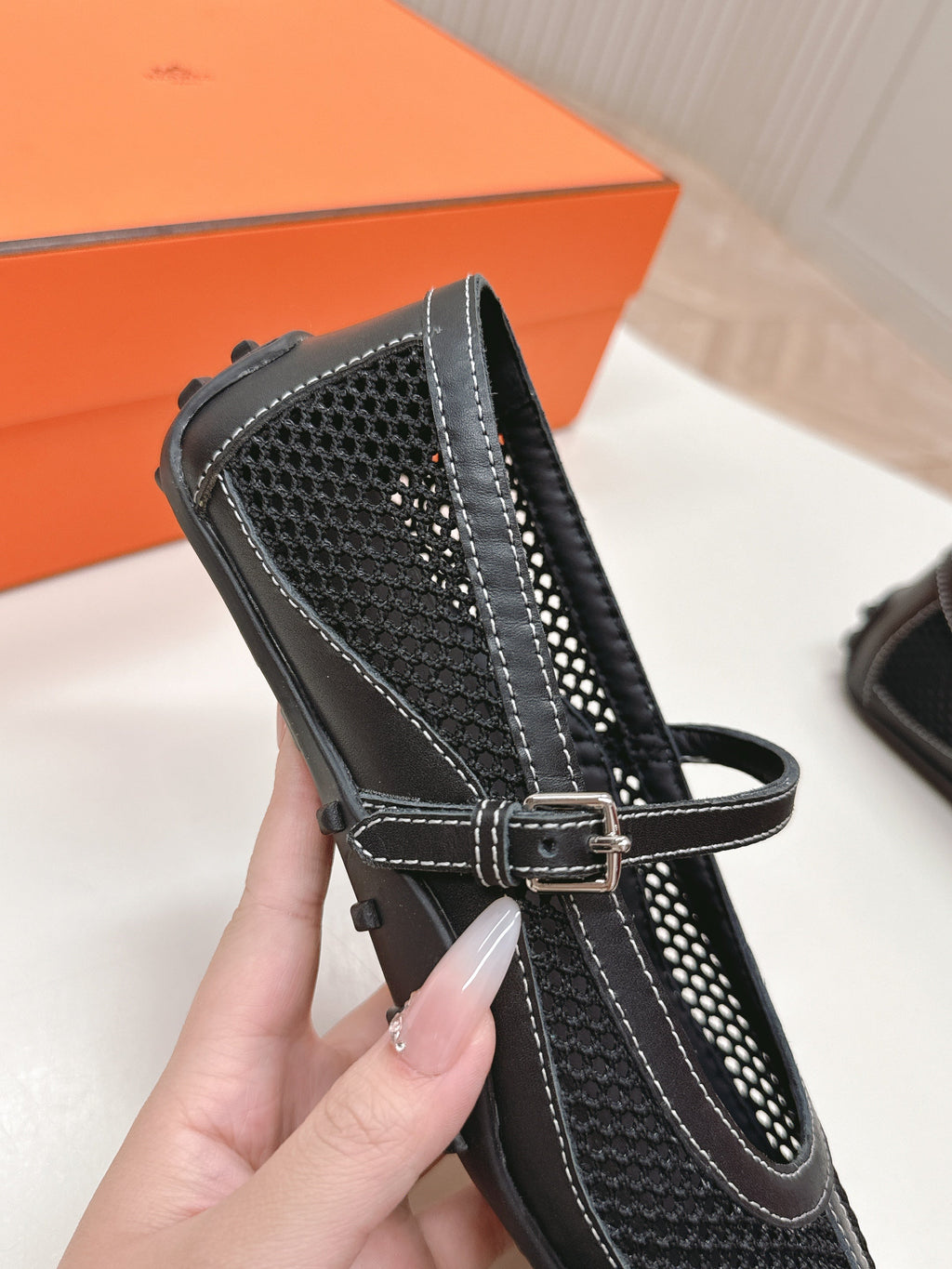 HERMES KICHU BALLET FLAT IN BLACK CROCHET KNIT AND CALFSKIN