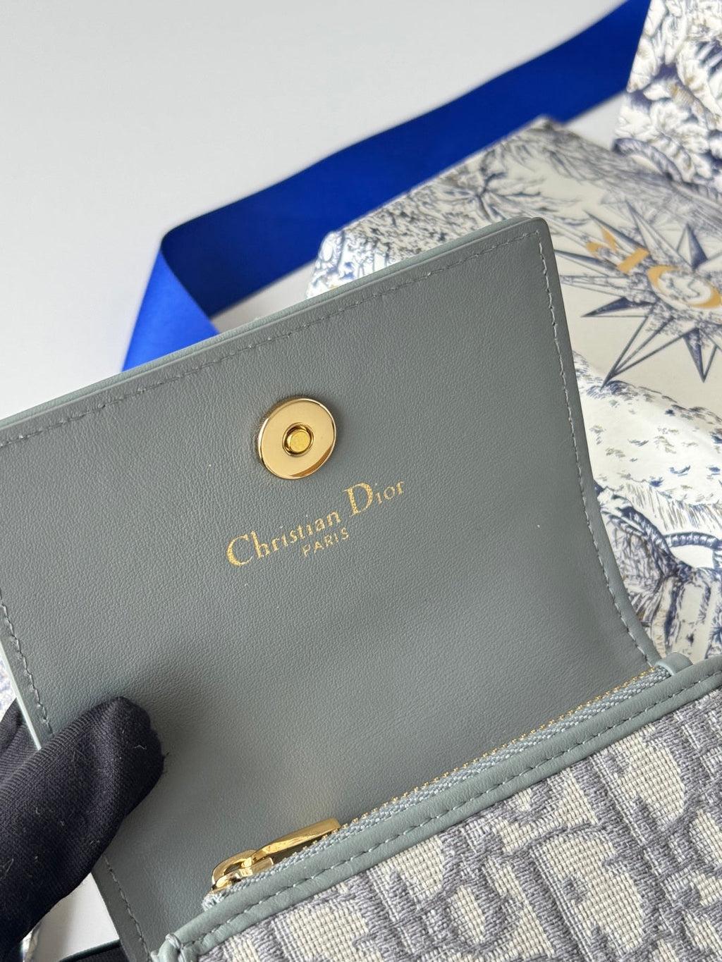 DIOR 25S CARO CARD HOLDER 11 IN GRAY CALFSKIN AND CANVAS GOLD HARDWARE
