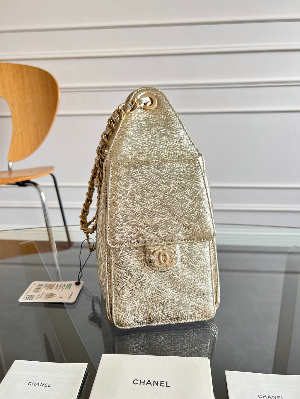 CHANEL 25S HOBO BAG 30 IN LIGHT GOLD METALLIC CAVIAR