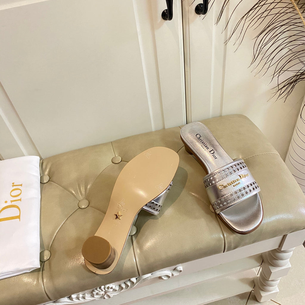 DIOR DWAY HEELED SLIDE IN SILVER CALFSKIN WITH GOLD LOGO