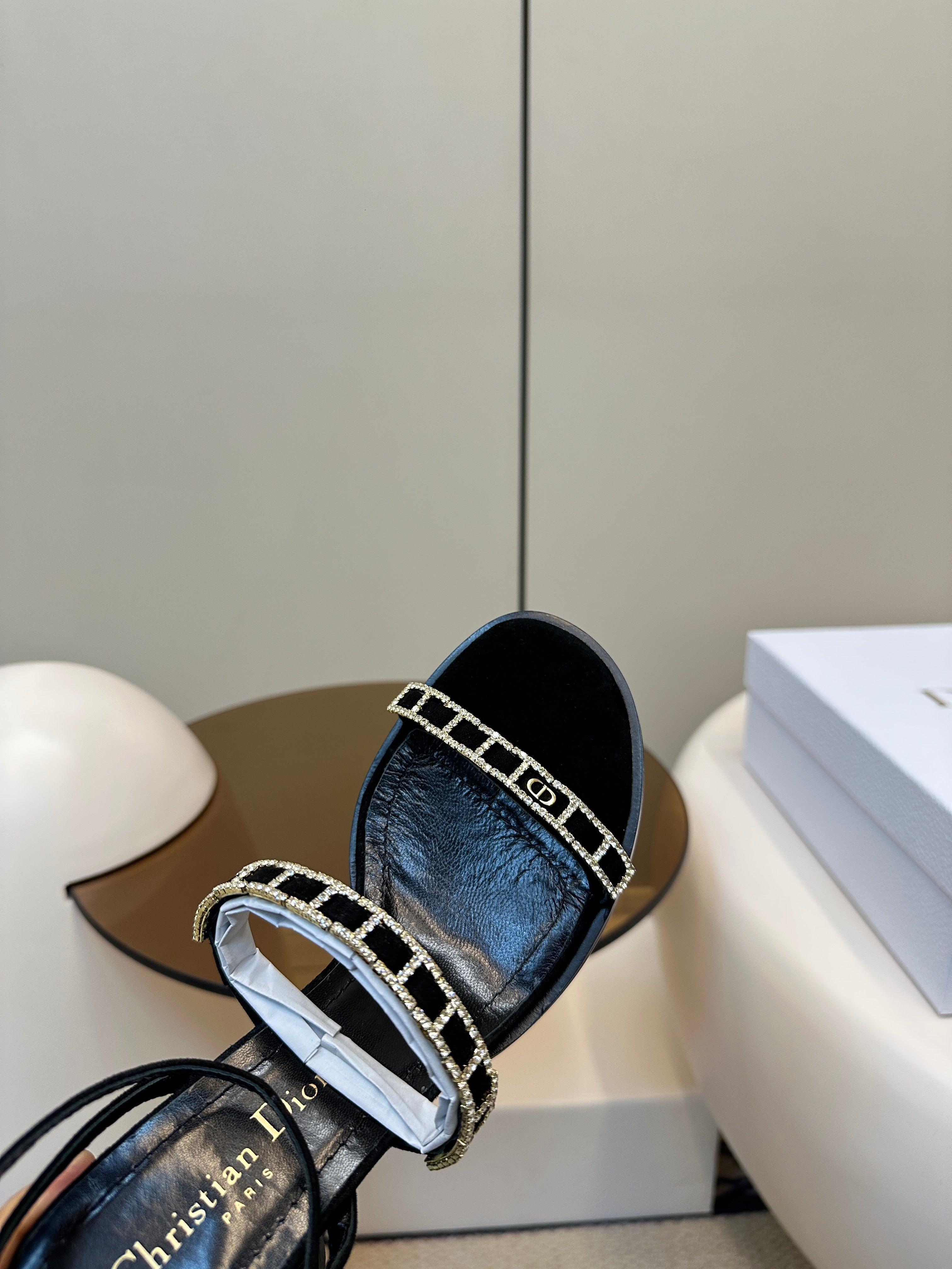 DIOR HIGH HEEL 25S SANDALS 85MM IN BLACK CALFSKIN RHINESTONES STRAP