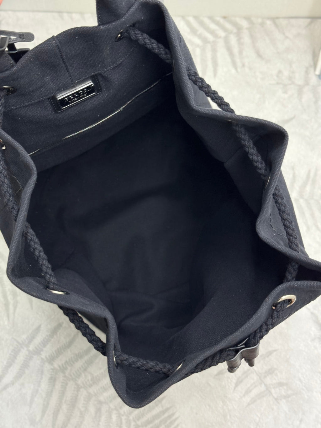 PRADA 25S DRAWSTRING BACKPACK 55 IN BLACK CANVAS LINEN SILVER HARDWRE