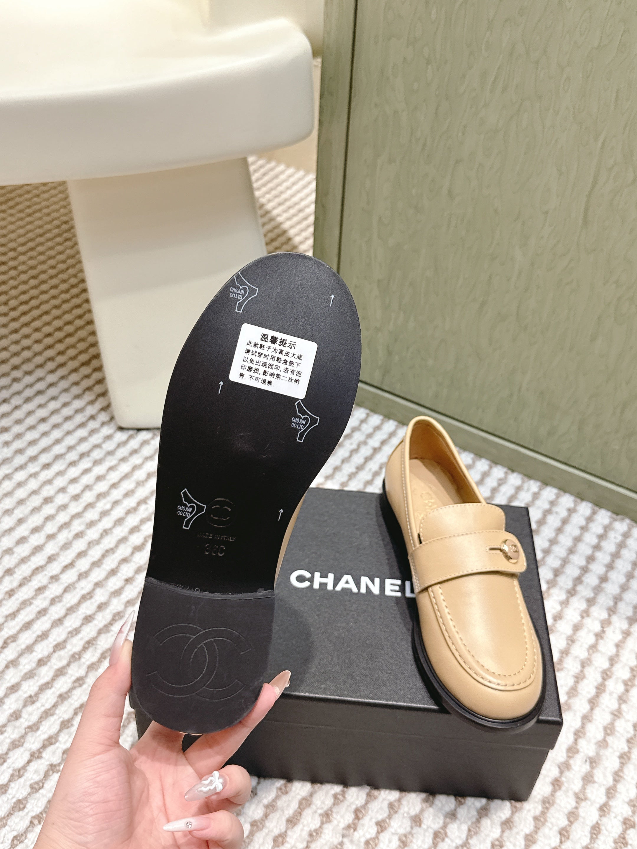 CHANEL 25S GODDESS FLAT LOAFERS IN WARM BEIGE CALFSKIN GOLD HARDWARE