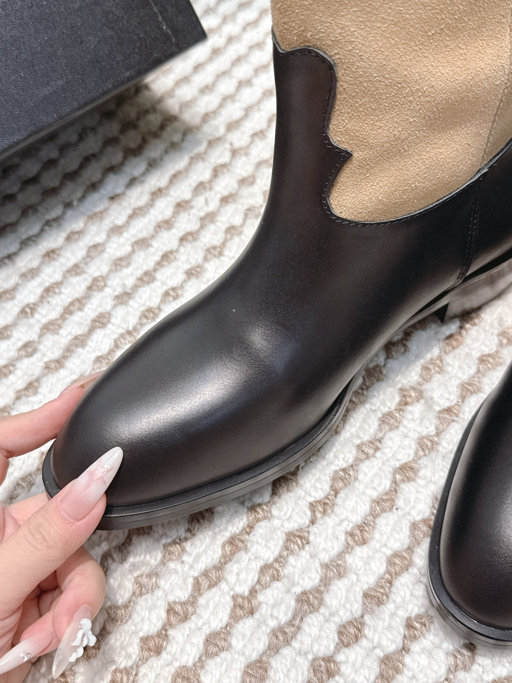 CHANEL 25S MID-CALF BOOTS IN TAN BROWN SUEDE MIX BLACK CALFSKIN
