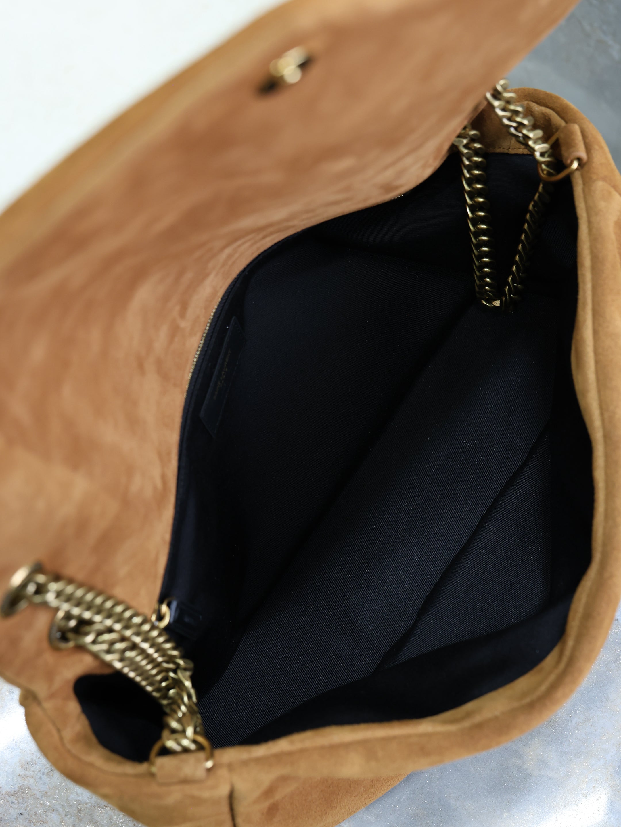 YSL 25S CALYPSO GM 38 IN DARK CARAMEL SUEDE GOLD HARDWRE