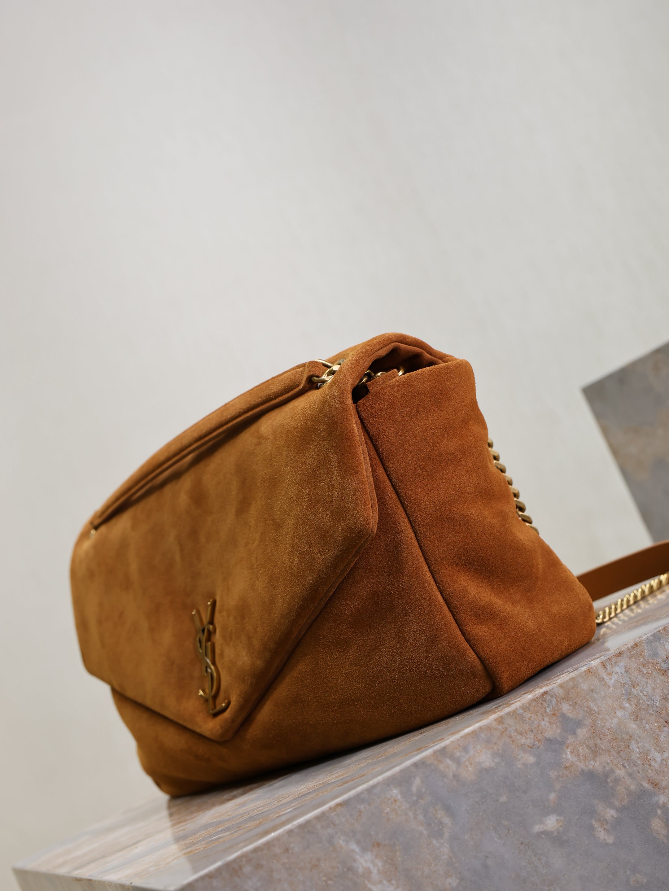 YSL 25S CALYPSO GM 38 IN DARK CARAMEL SUEDE GOLD HARDWARE