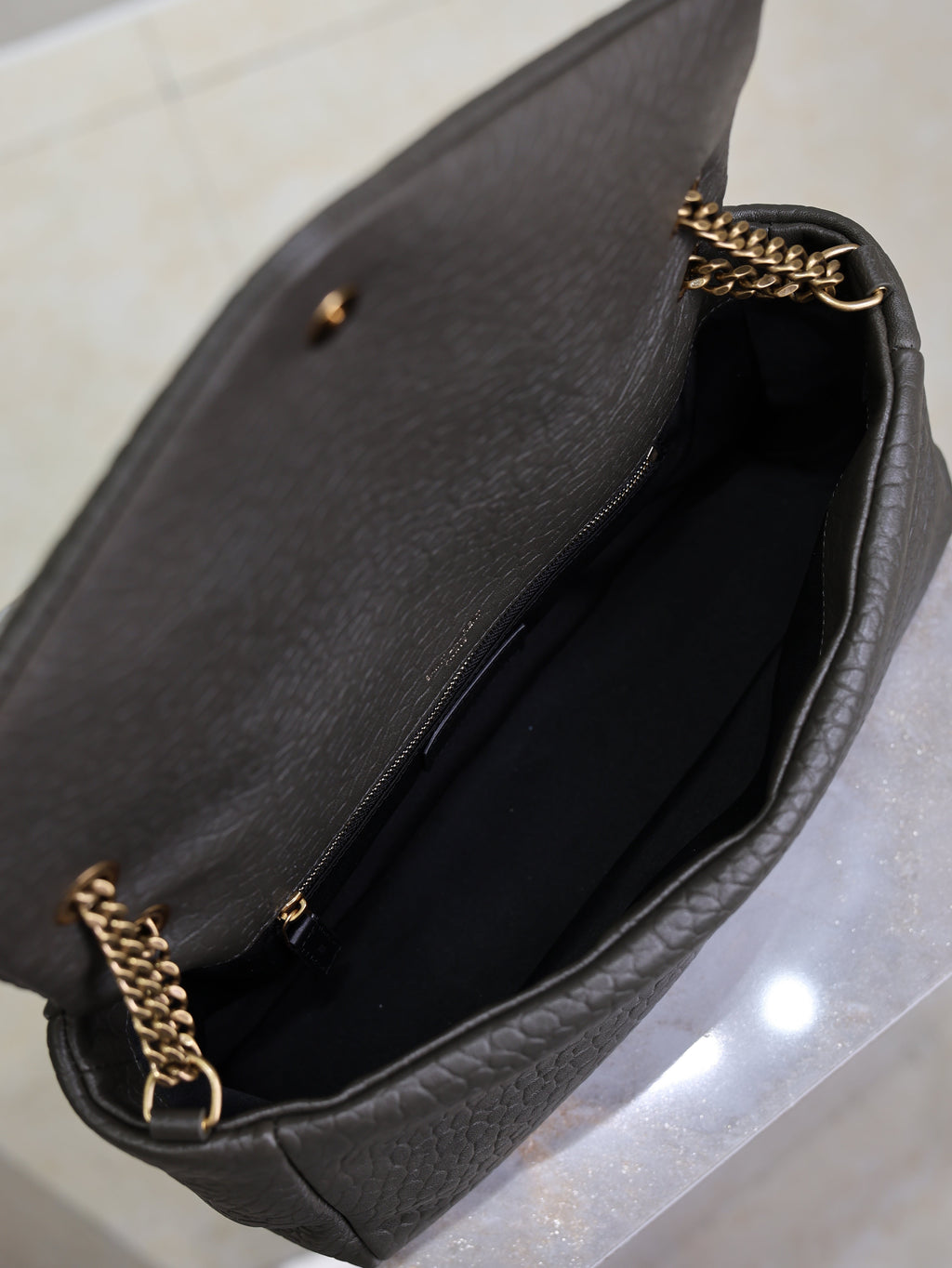 YSL 25S CALYPSO 30 IN DARK OLIVE GRAINED CALFSKIN GOLD HARDWARE