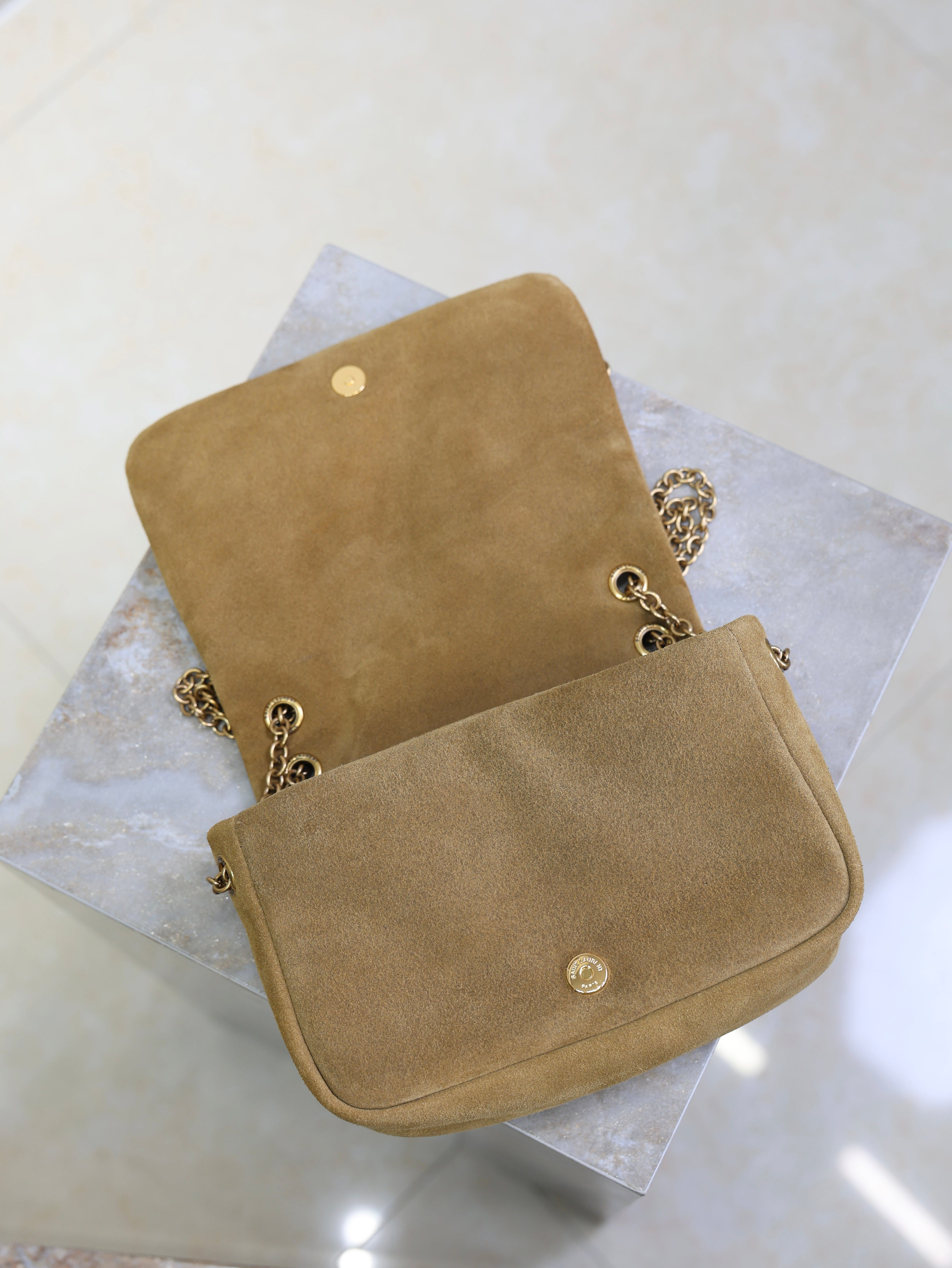 YSL 25S JAMIE 4.3 MINI 20 IN CARAMEL COGNAC SUEDE GOLD HARDWARE