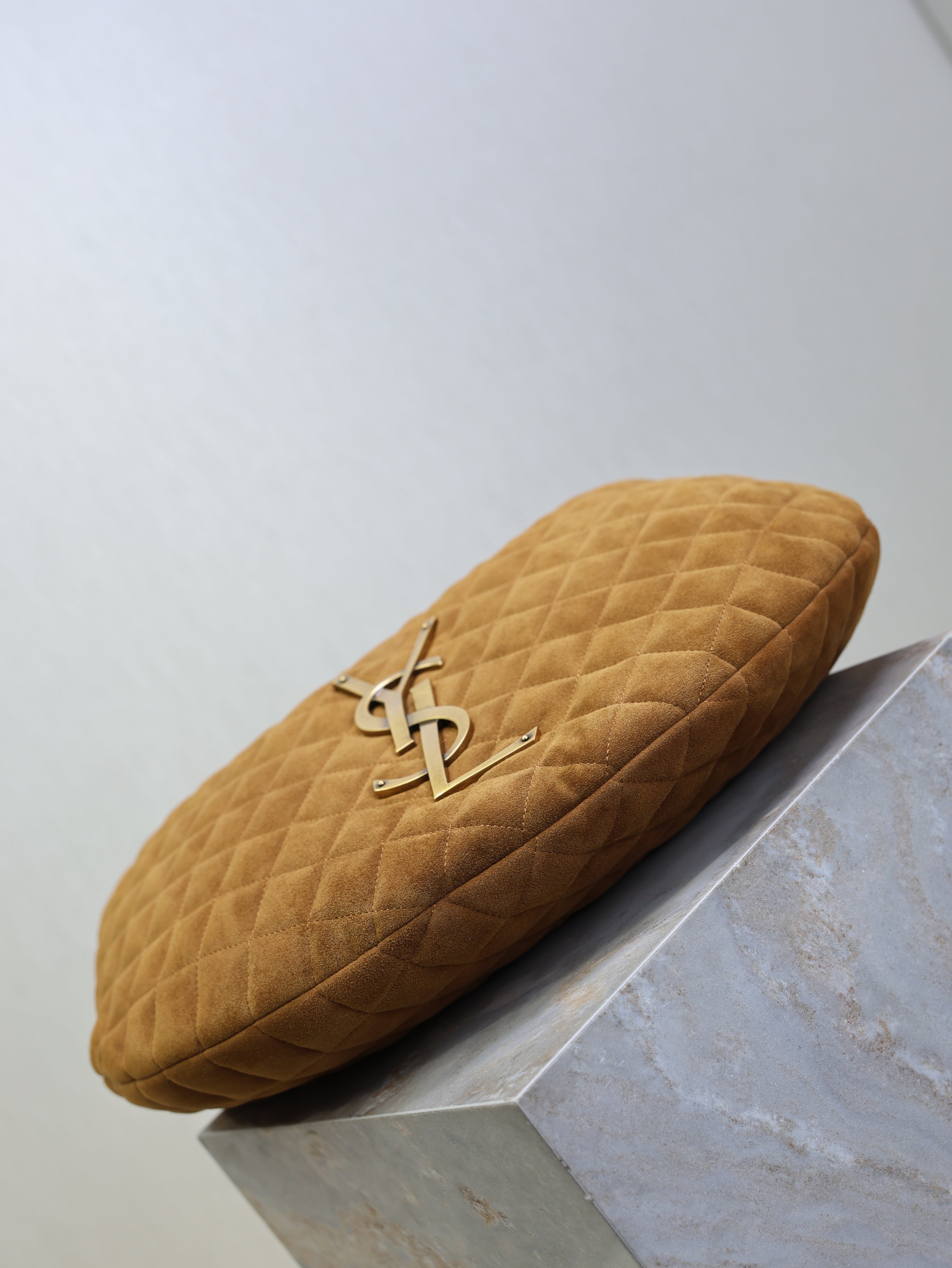 YSL 25S ICARINO 44 IN CARAMEL QUILTED SUEDE GOLD HARDWRE