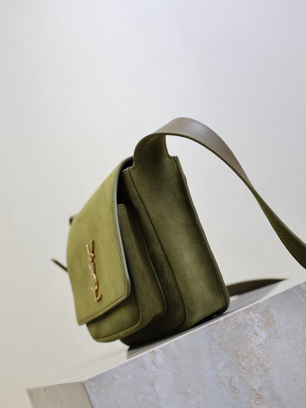 YSL 25S NIKI SATCHEL 22 IN BARLEY GREEN SUEDE GOLD HARDWARE