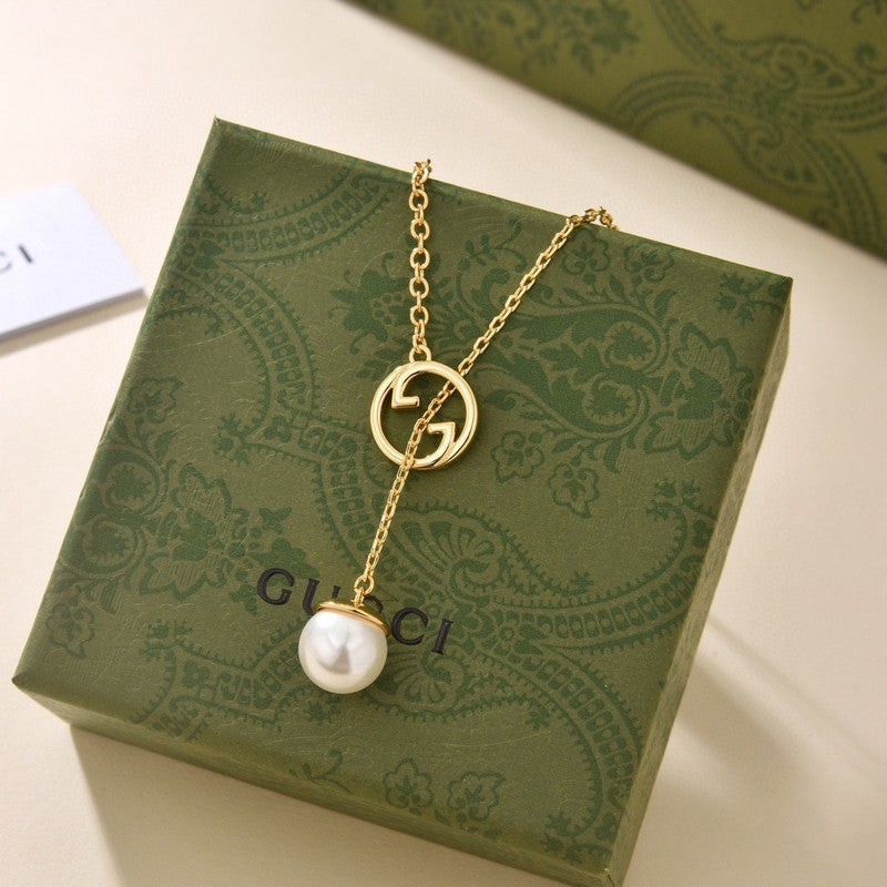 18K Double Gucci Blondie Pearl Drop Necklace